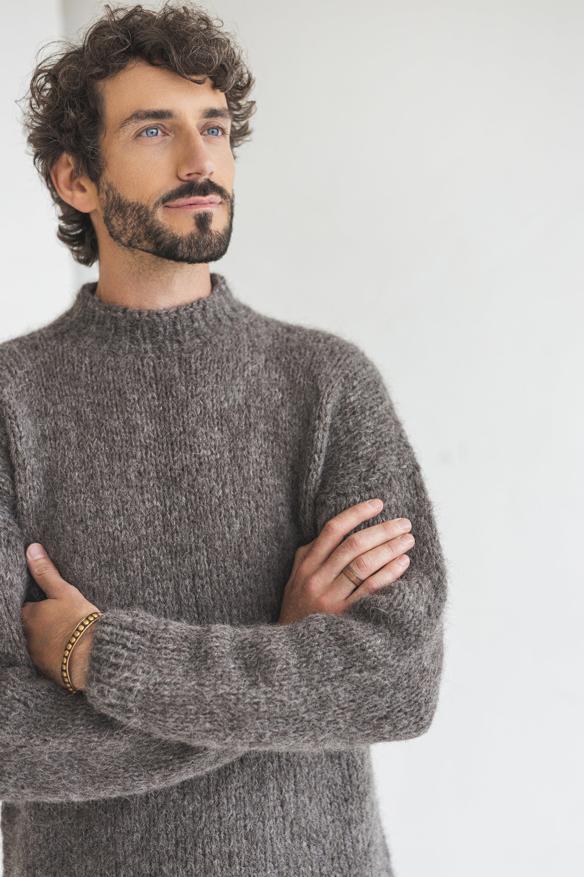 Men&#39;s knitted gray alpaca wool sweater, grey cable knit jumper for man, minimalist men pullover, gift for him, hand made thick winter pull
