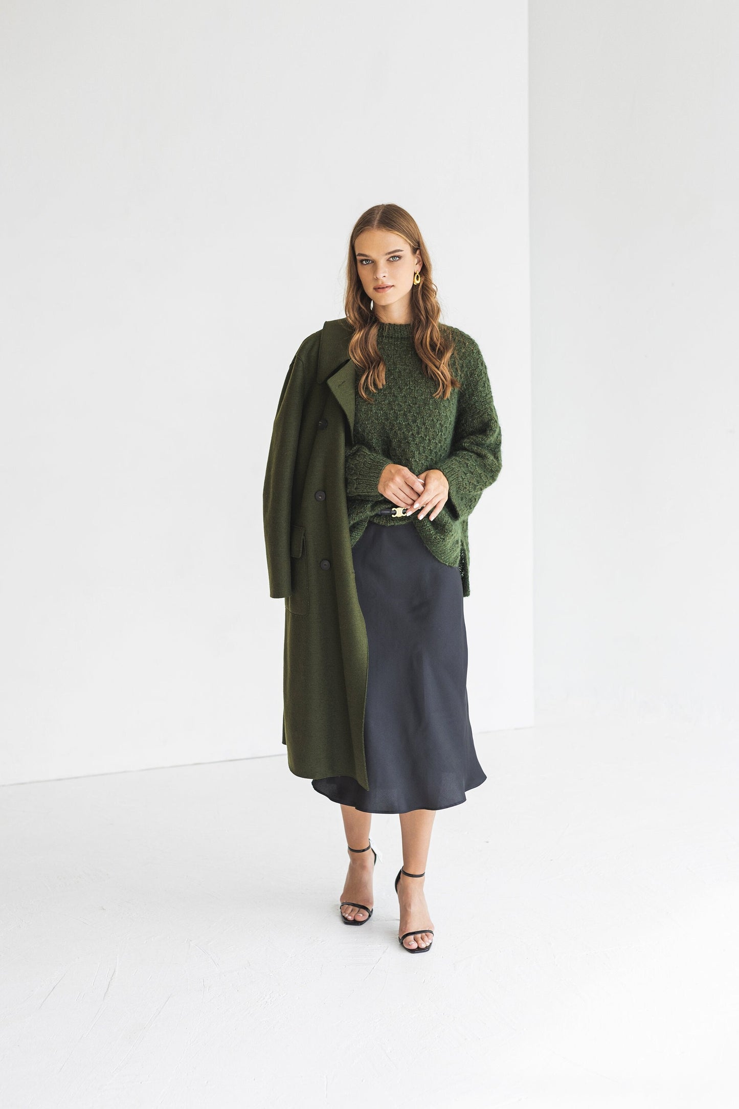 Green mohair knitted sweater, wide sleeves alpaca wool blend jumper, fuzzy cable knit pullover, fluffy slightly oversized thick sweater gift