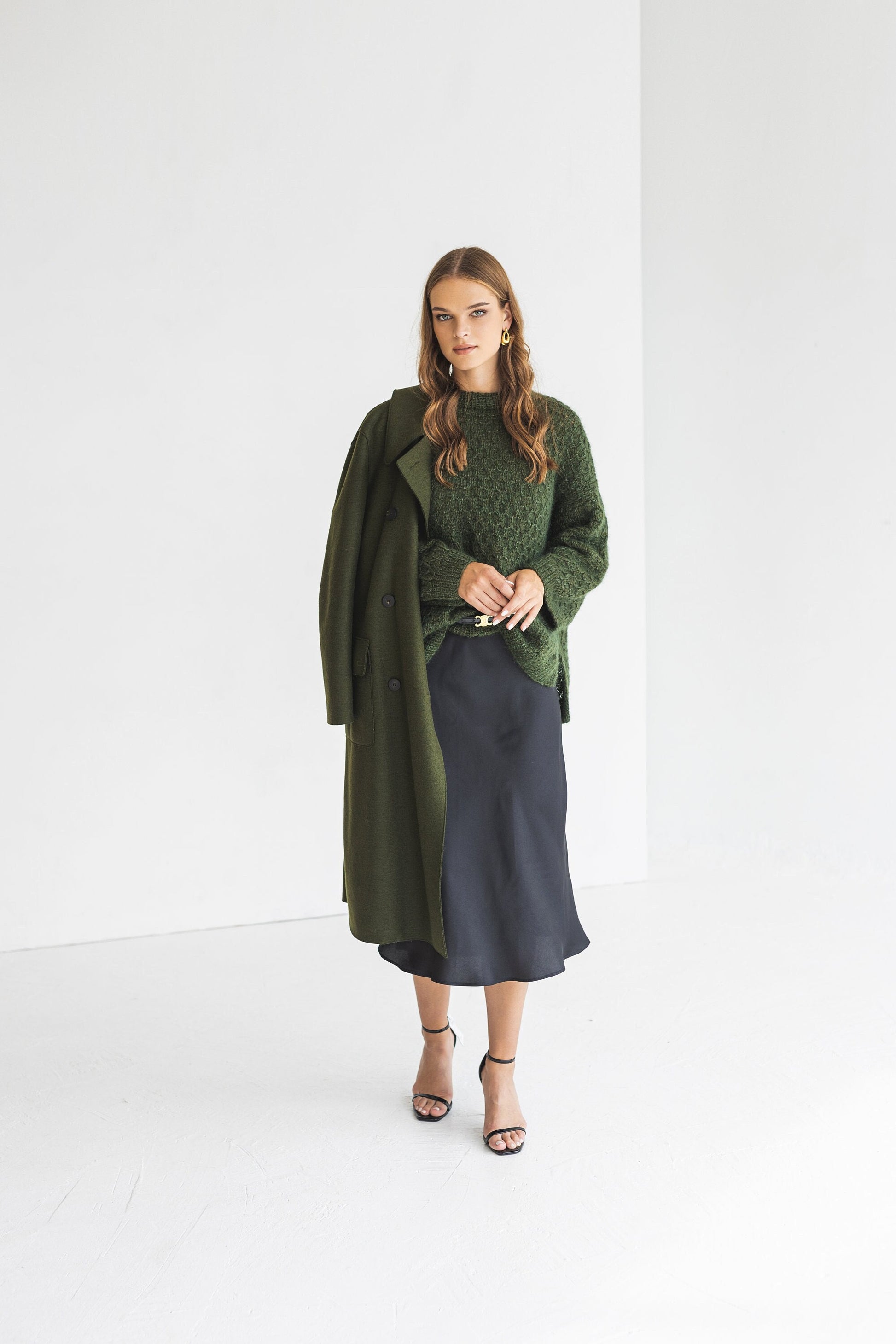 Green mohair knitted sweater, wide sleeves alpaca wool blend jumper, fuzzy cable knit pullover, fluffy slightly oversized thick sweater gift