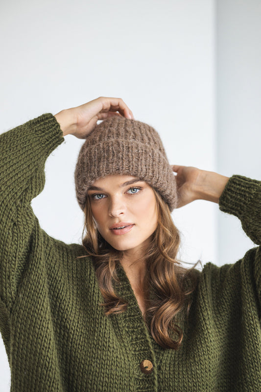 Brown ribbed alpaca beanie, beige women knitted hat, camel winter cable knit beanie, fisherman wool cap, gift for women, unisex skull beanie