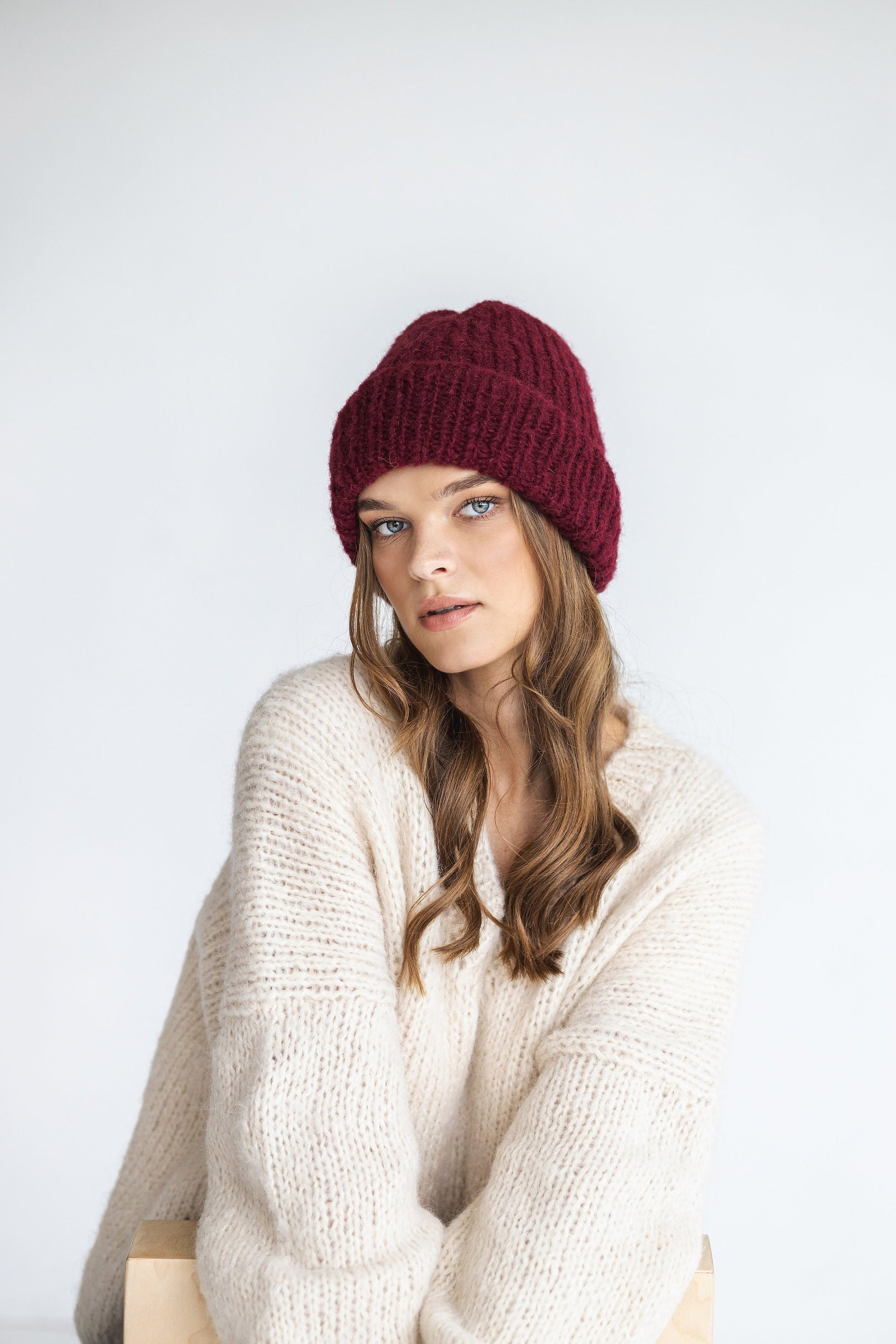 Bordeaux ribbed alpaca beanie, burgundy wine color women knitted hat, maroon winter cable knit wool beanie, fisherman unisex skull cap, gift