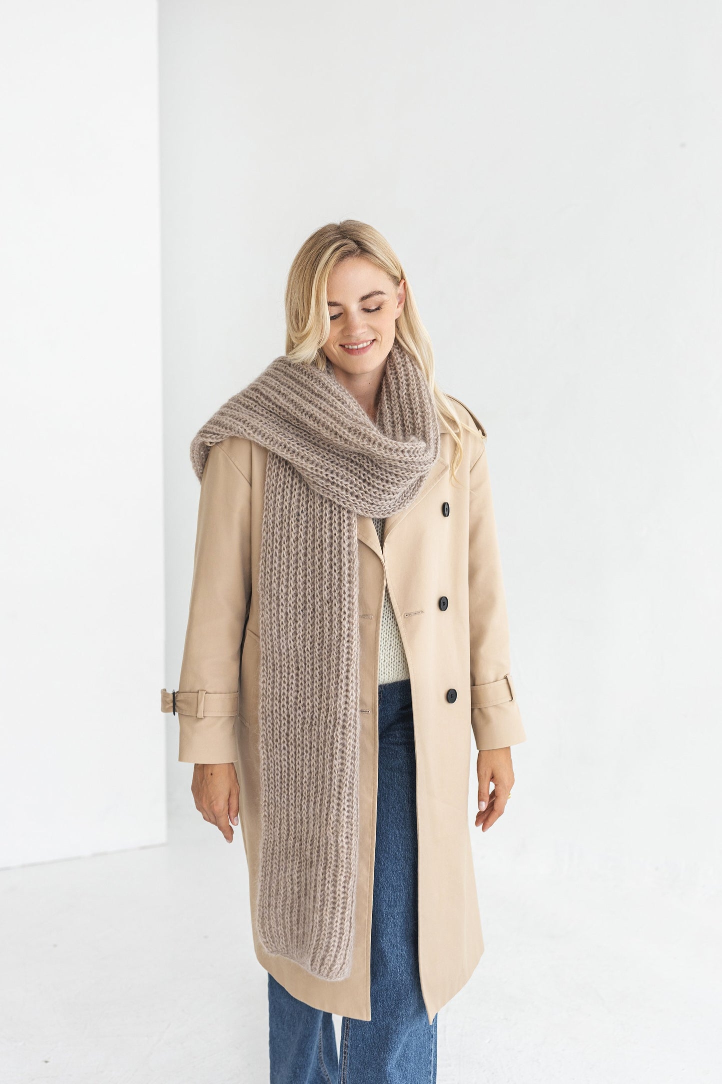 Beige camel knitted mohair scarf