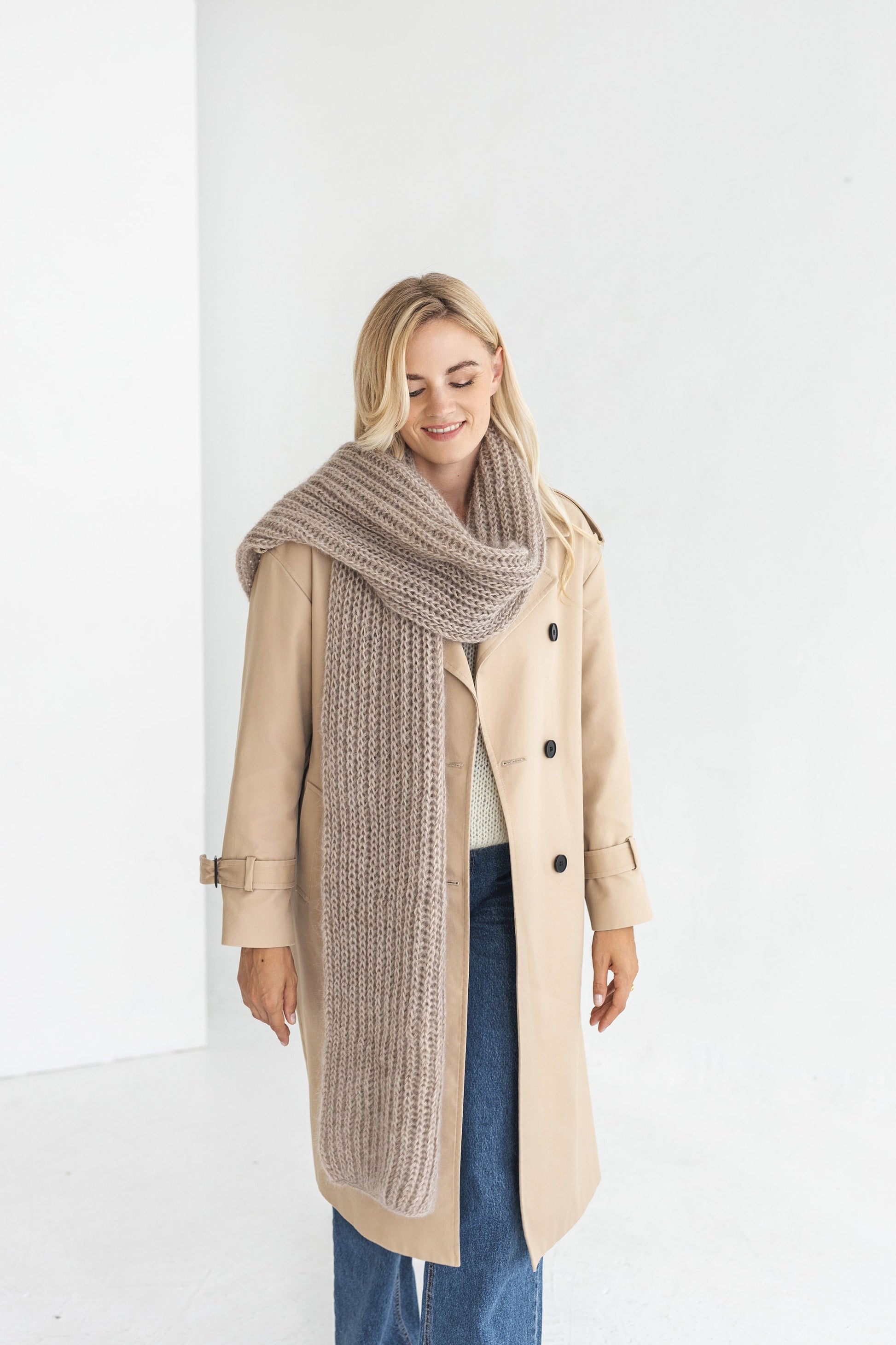 Beige camel knitted mohair scarf