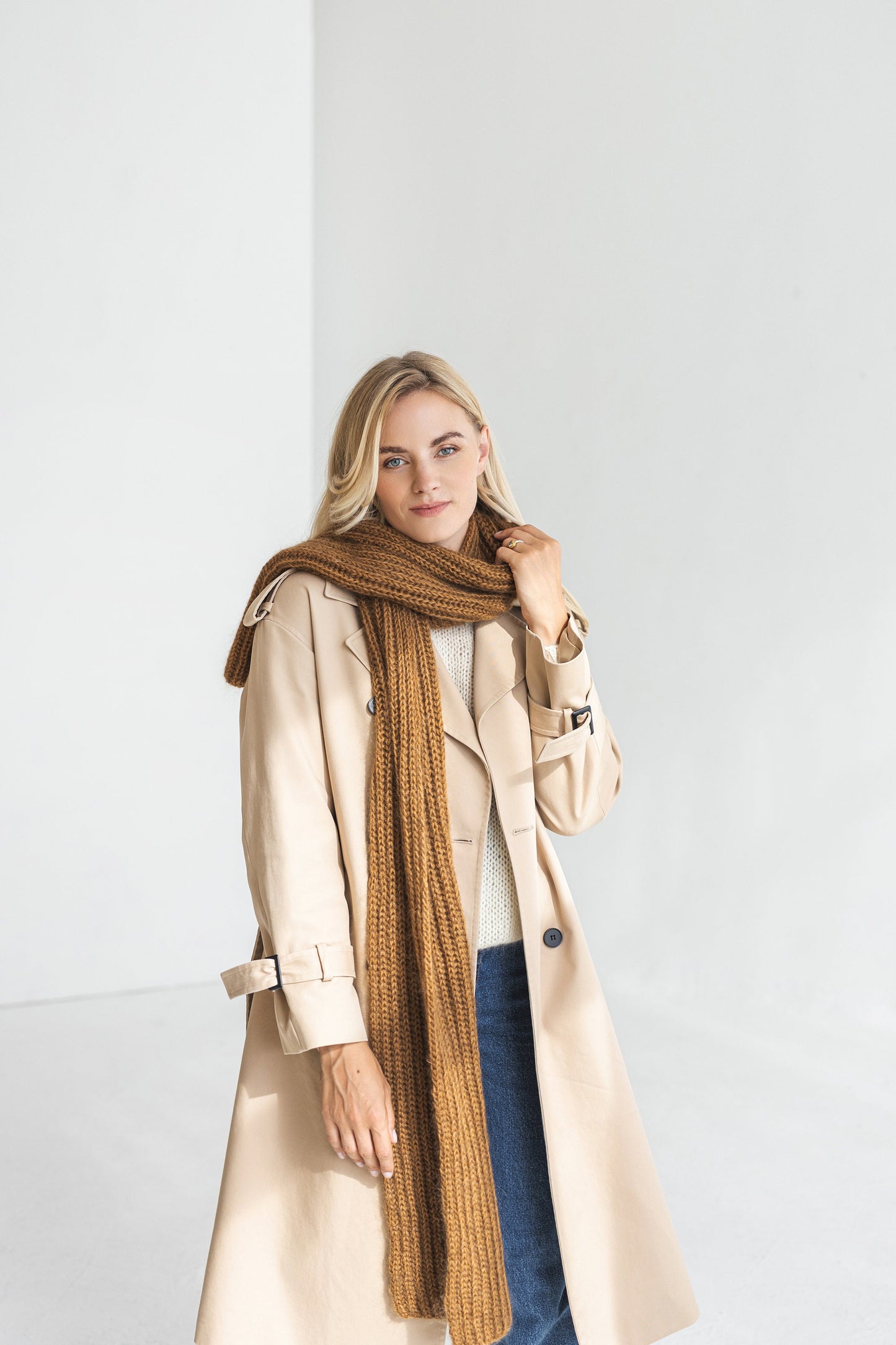 Beige brown knitted mohair scarf