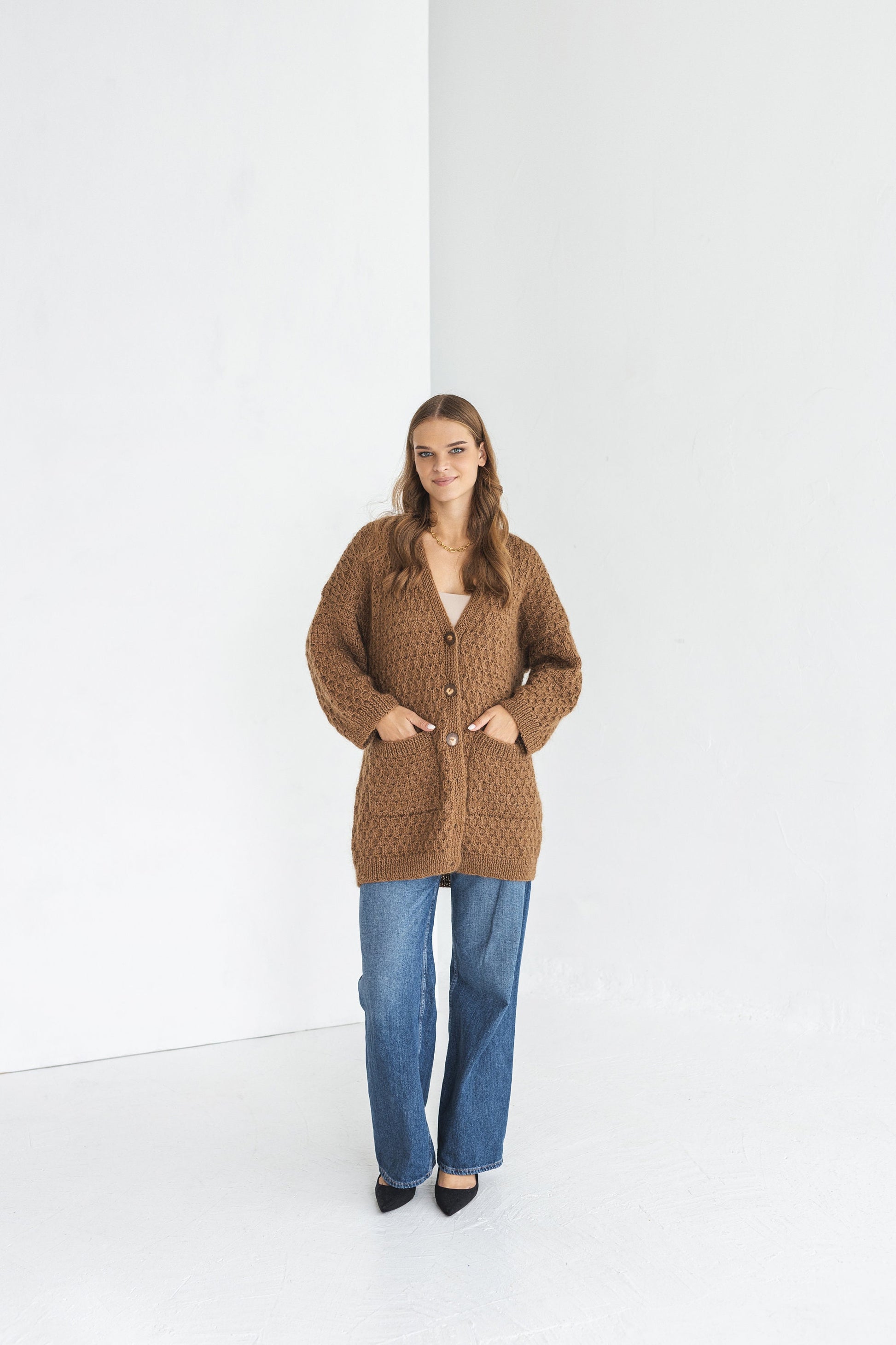 Beige brown mohair cardigan with pockets