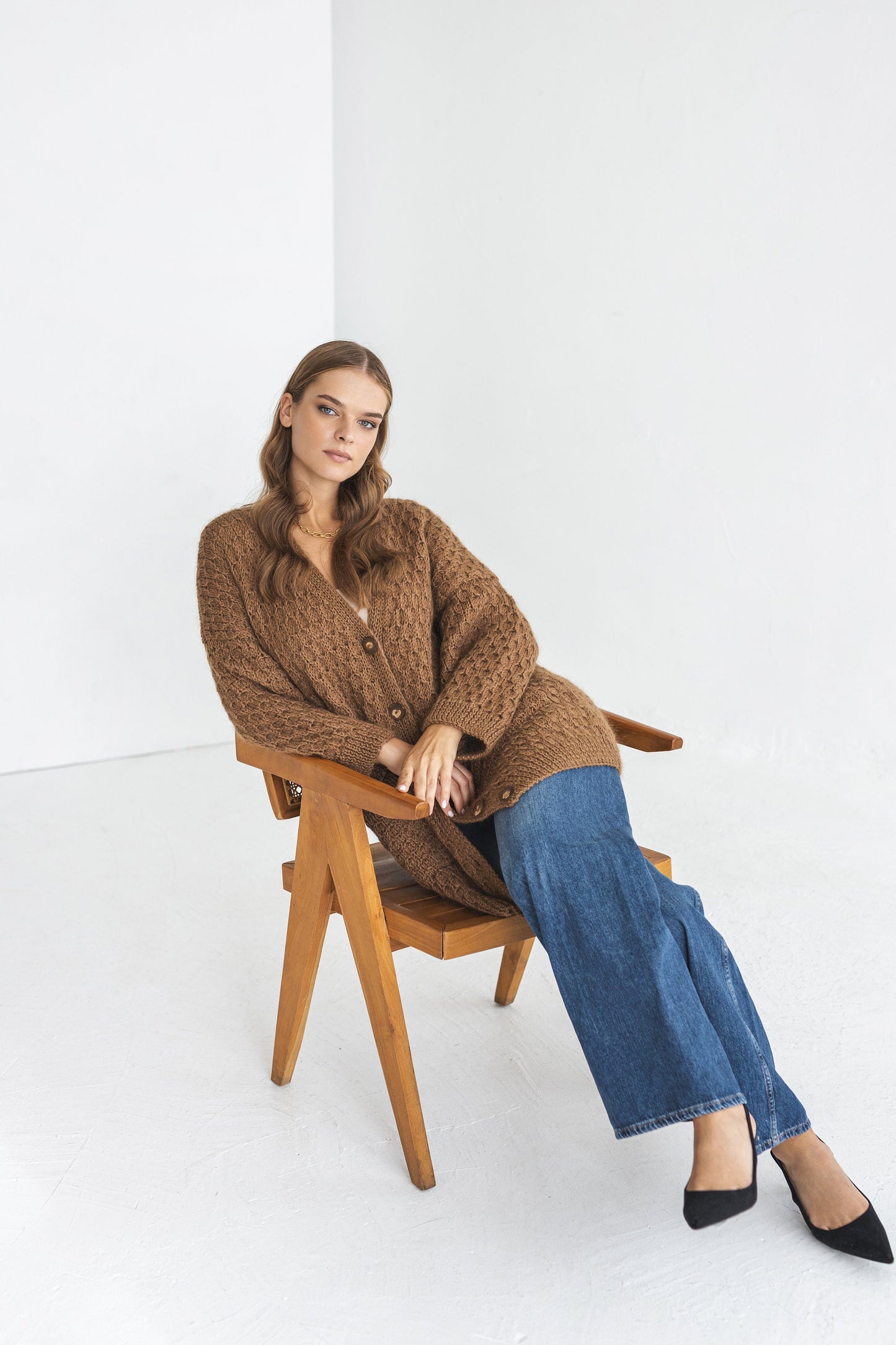 Beige brown mohair cardigan with pockets