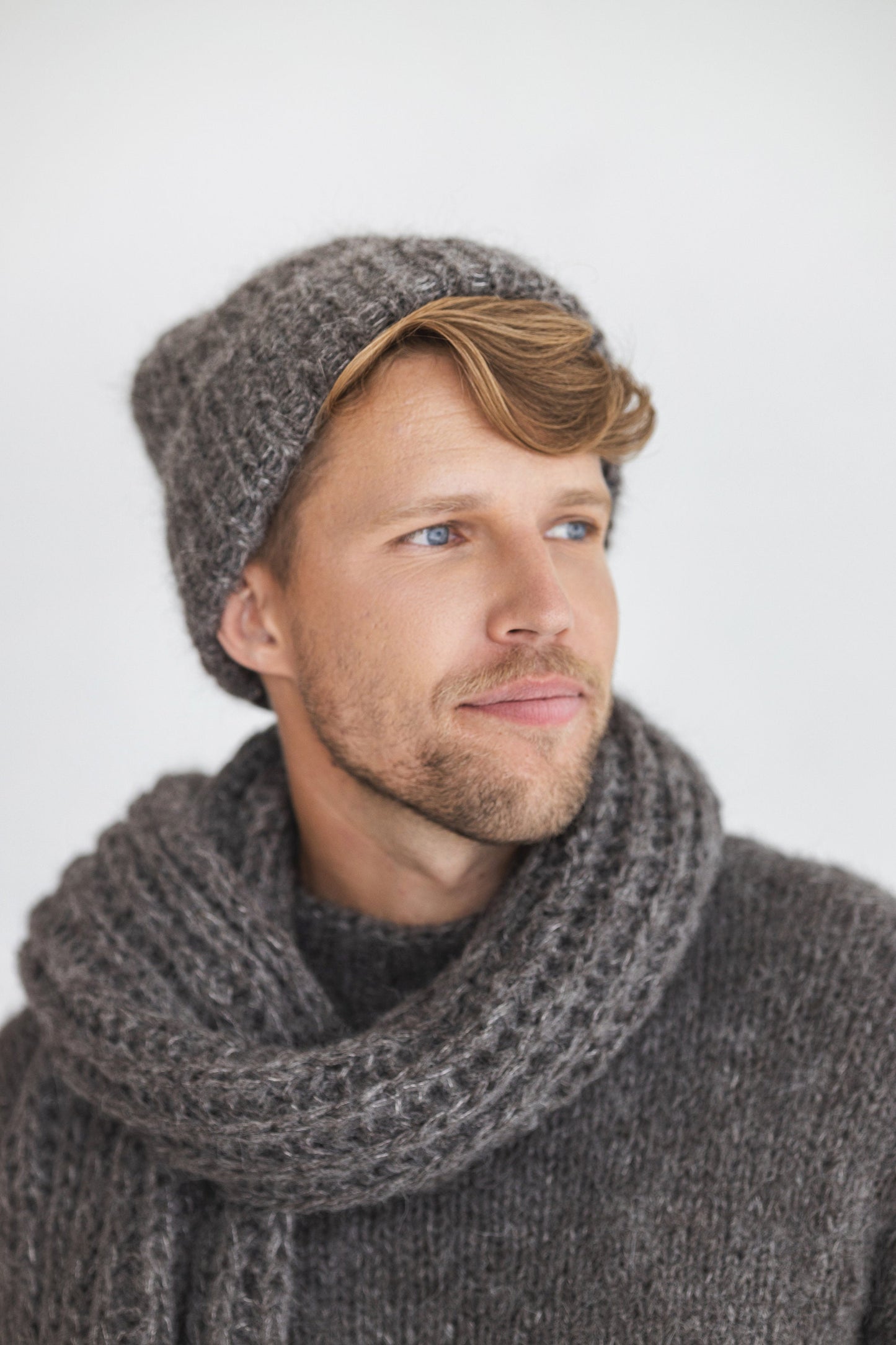 Gray knitted fingerless mens mittens, scarf and hat set, grey cable knit alpaca wool gloves, beanie, neck warmer set, hand made gift for man