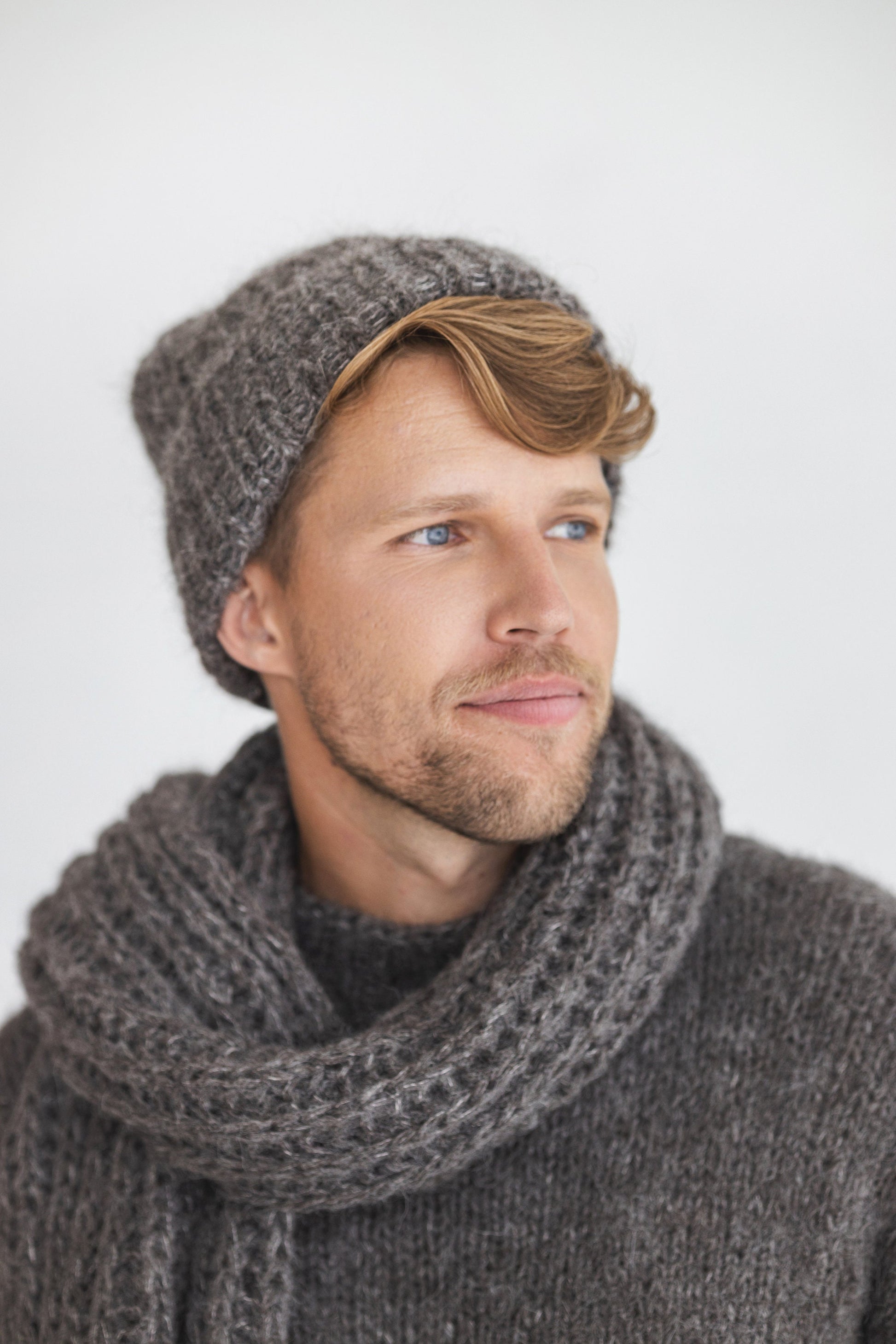 Gray knitted fingerless mens mittens, scarf and hat set, grey cable knit alpaca wool gloves, beanie, neck warmer set, hand made gift for man