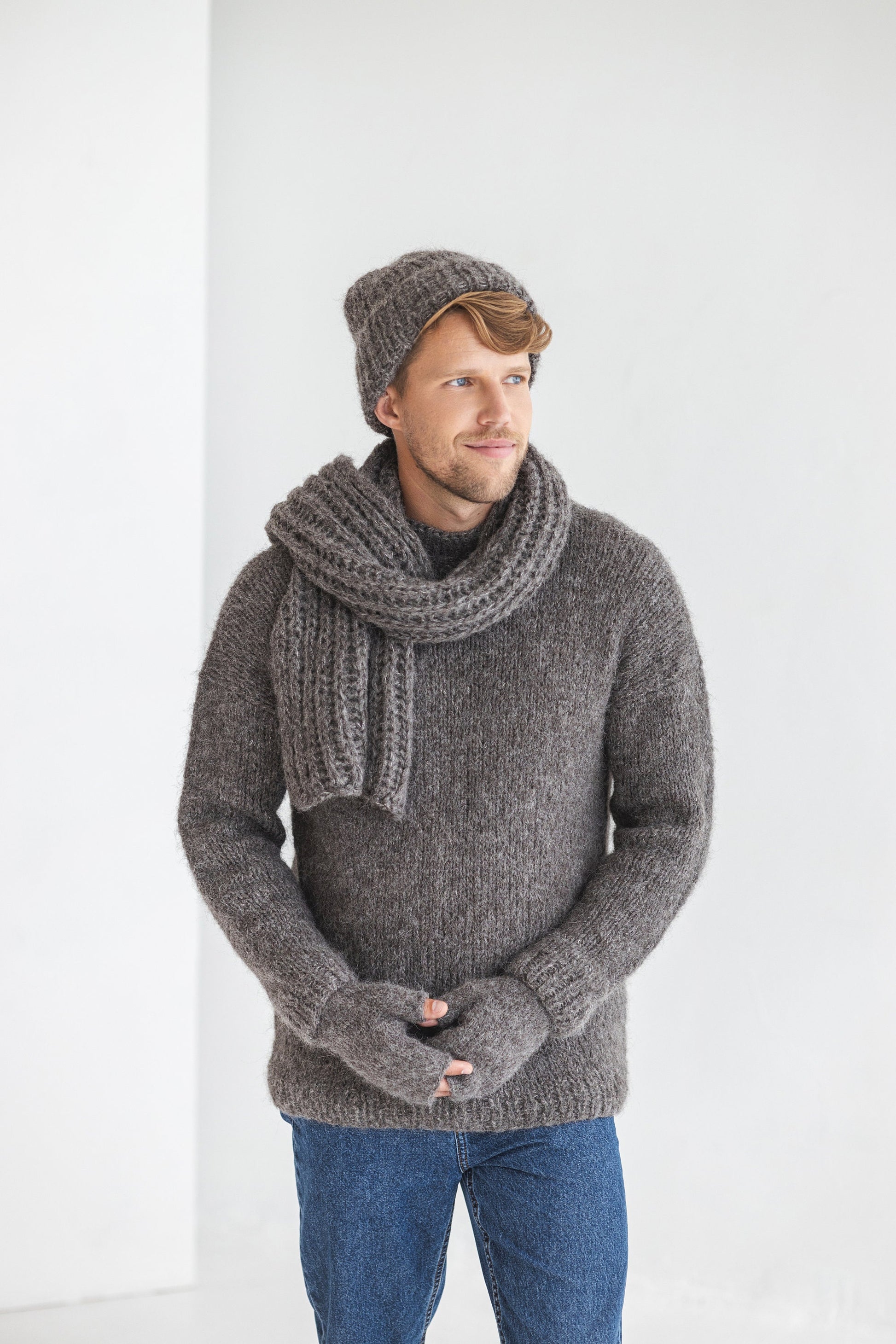 Gray knitted fingerless mens mittens, scarf and hat set, grey cable knit alpaca wool gloves, beanie, neck warmer set, hand made gift for man