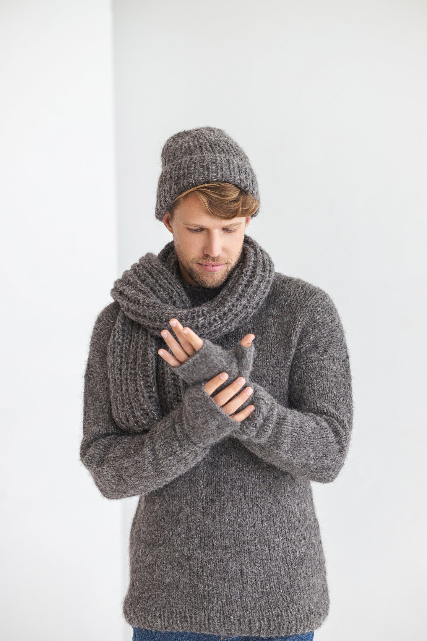 Gray knitted fingerless mens mittens, scarf and hat set, grey cable knit alpaca wool gloves, beanie, neck warmer set, hand made gift for man