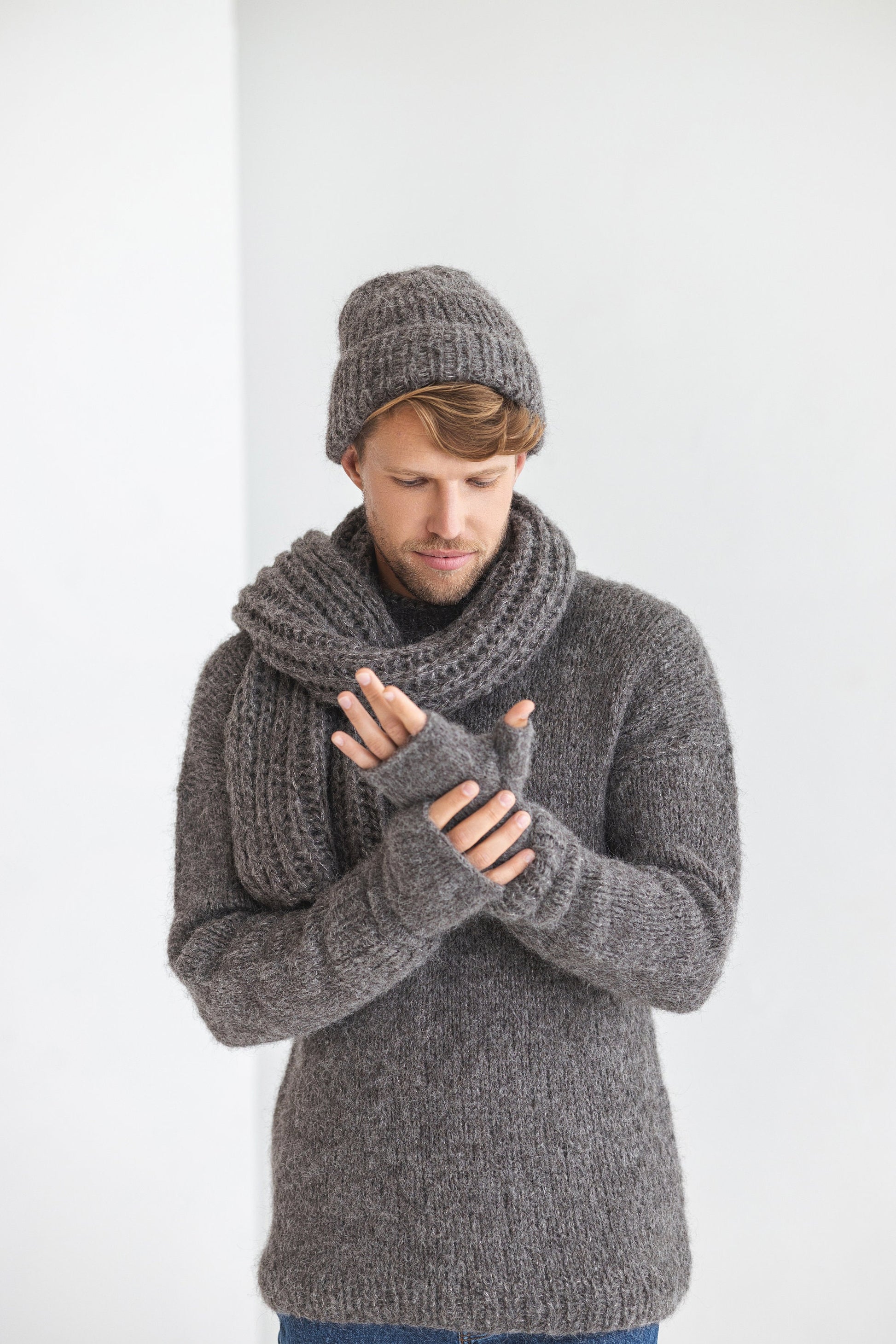 Gray knitted fingerless mens mittens, scarf and hat set, grey cable knit alpaca wool gloves, beanie, neck warmer set, hand made gift for man