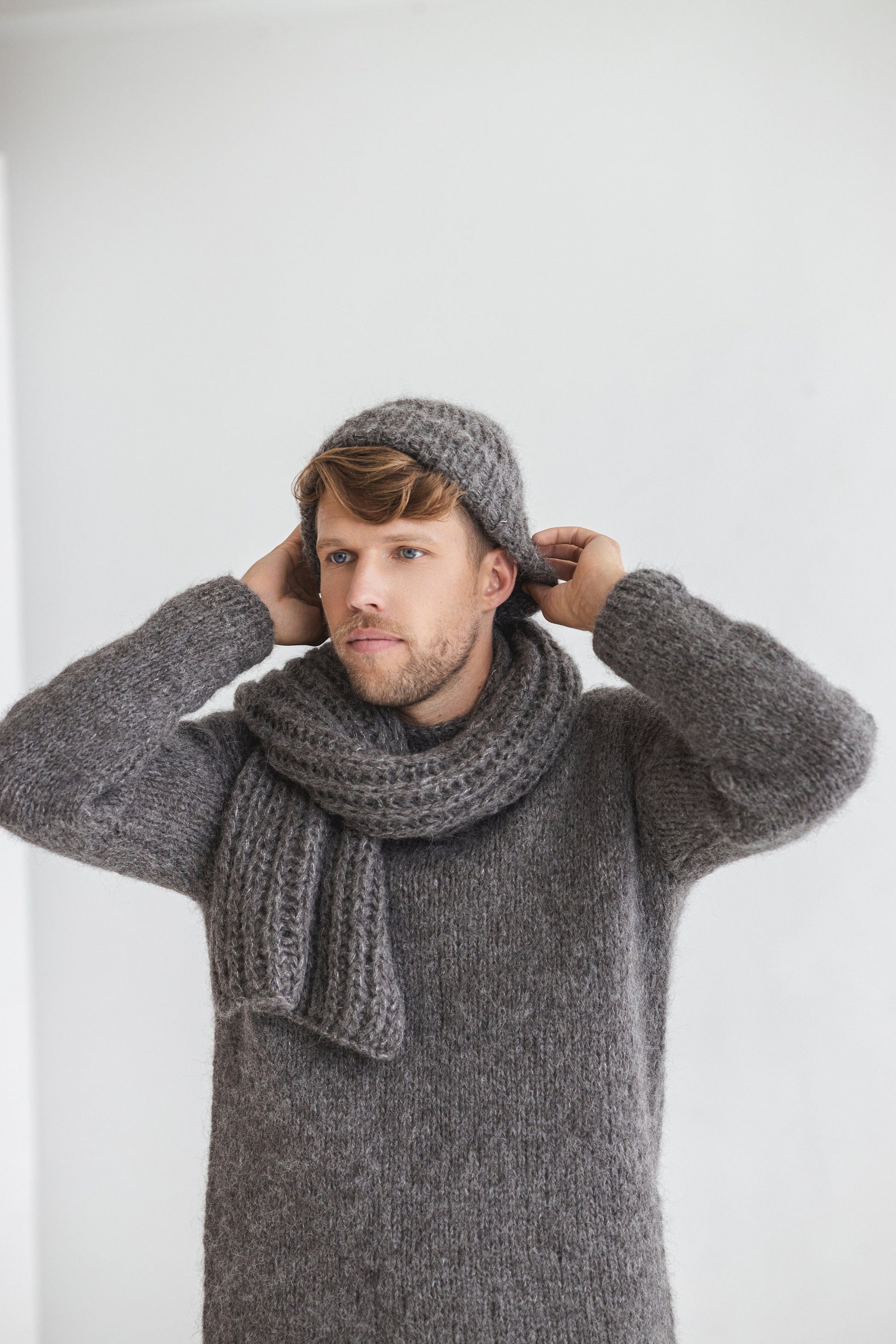 Gray knitted fingerless mens mittens, scarf and hat set, grey cable knit alpaca wool gloves, beanie, neck warmer set, hand made gift for man