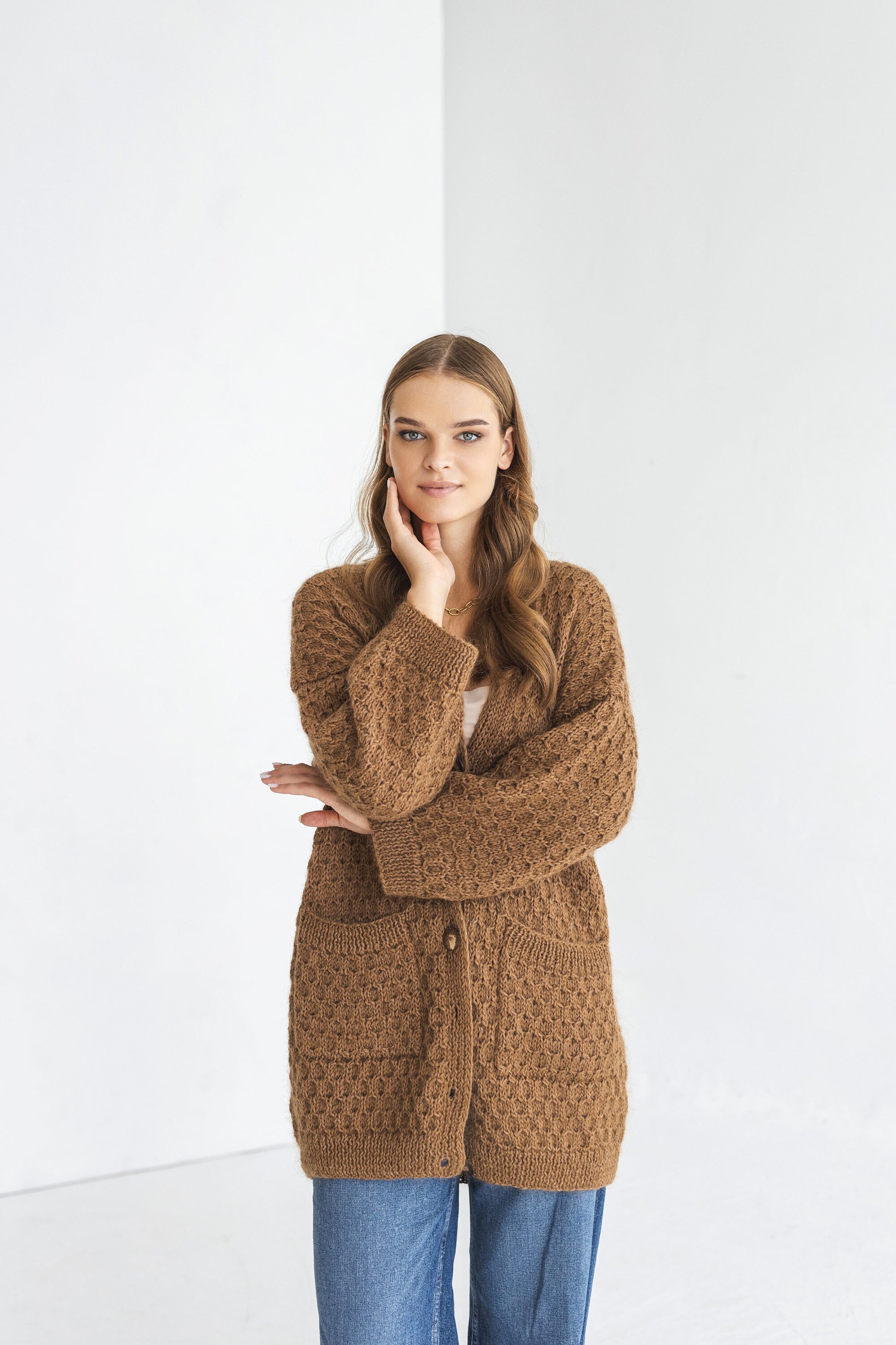 Camel brown mohair cardigan with pockets