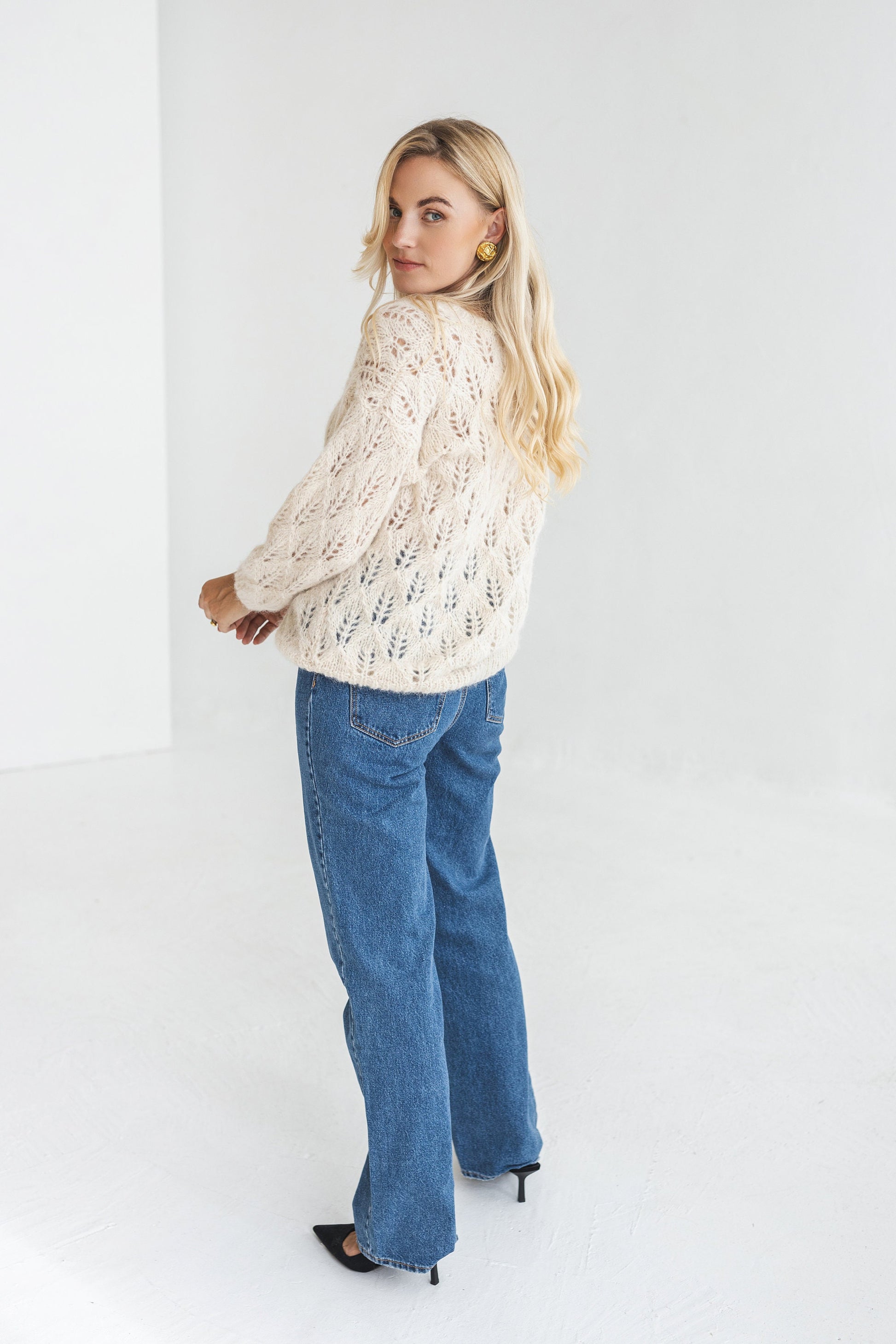 White see-through knitted alpaca cardigan