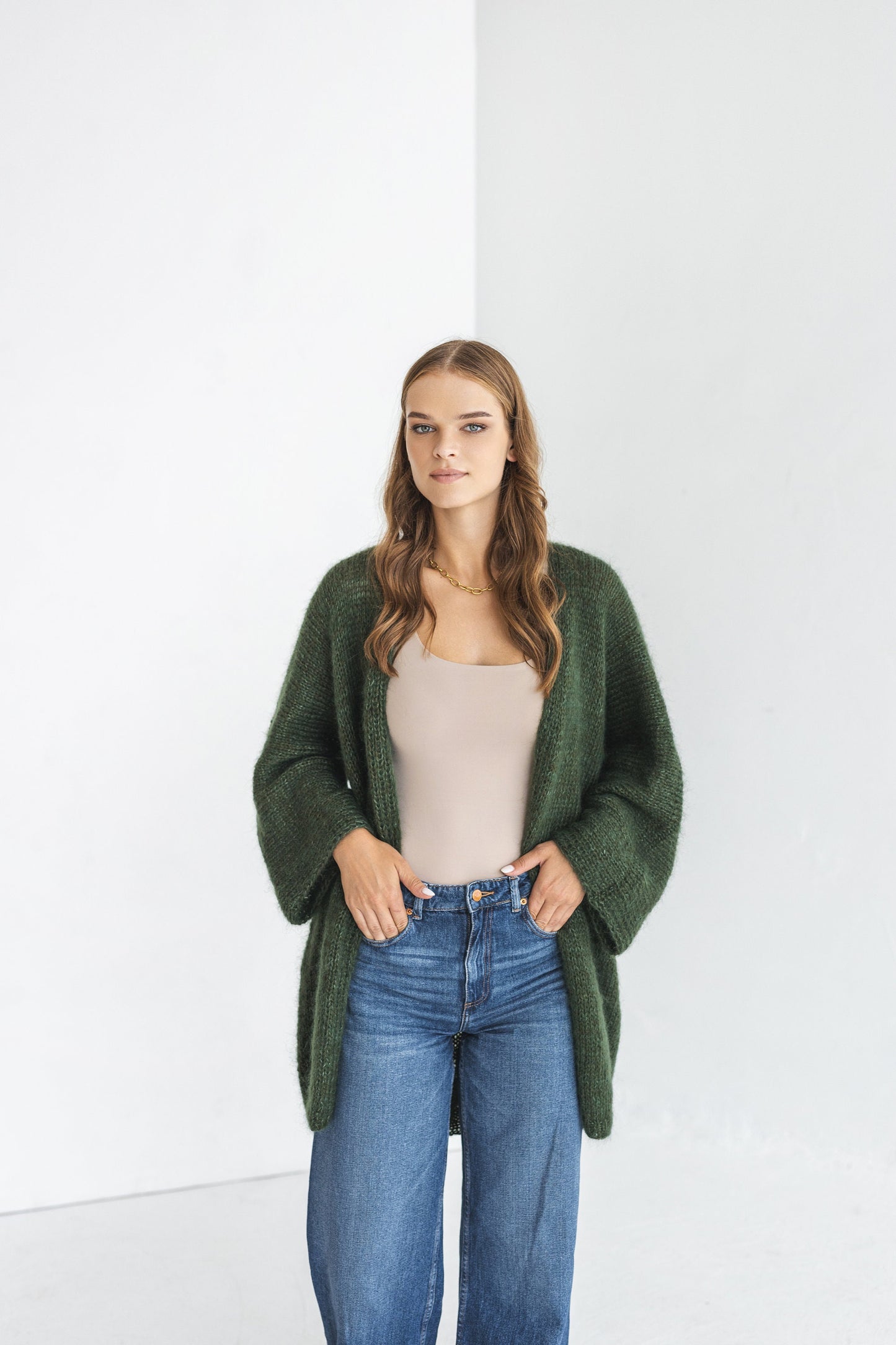 Green cable knit kimono mohair cardigan, oversized fluffy alpaca wool blend chunky knitted sweater, wide sleeves thick fuzzy jacket, gift