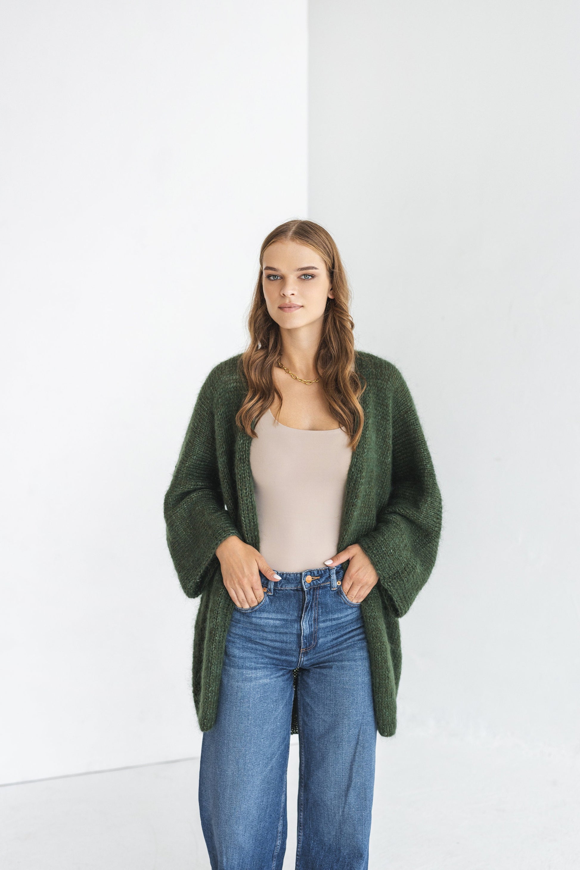 Green cable knit kimono mohair cardigan, oversized fluffy alpaca wool blend chunky knitted sweater, wide sleeves thick fuzzy jacket, gift