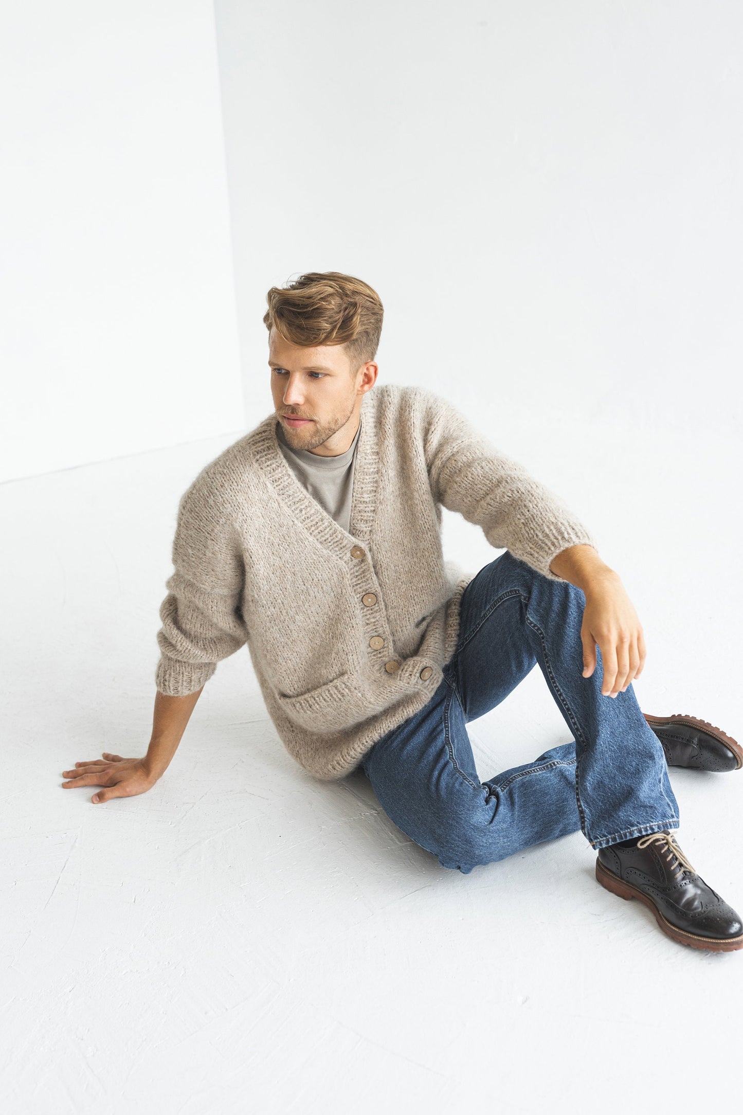 Mens knitted beige alpaca wool cardigan, pastel knit Scandinavian style sweater for man, minimalist jacket with buttons and pockets for men