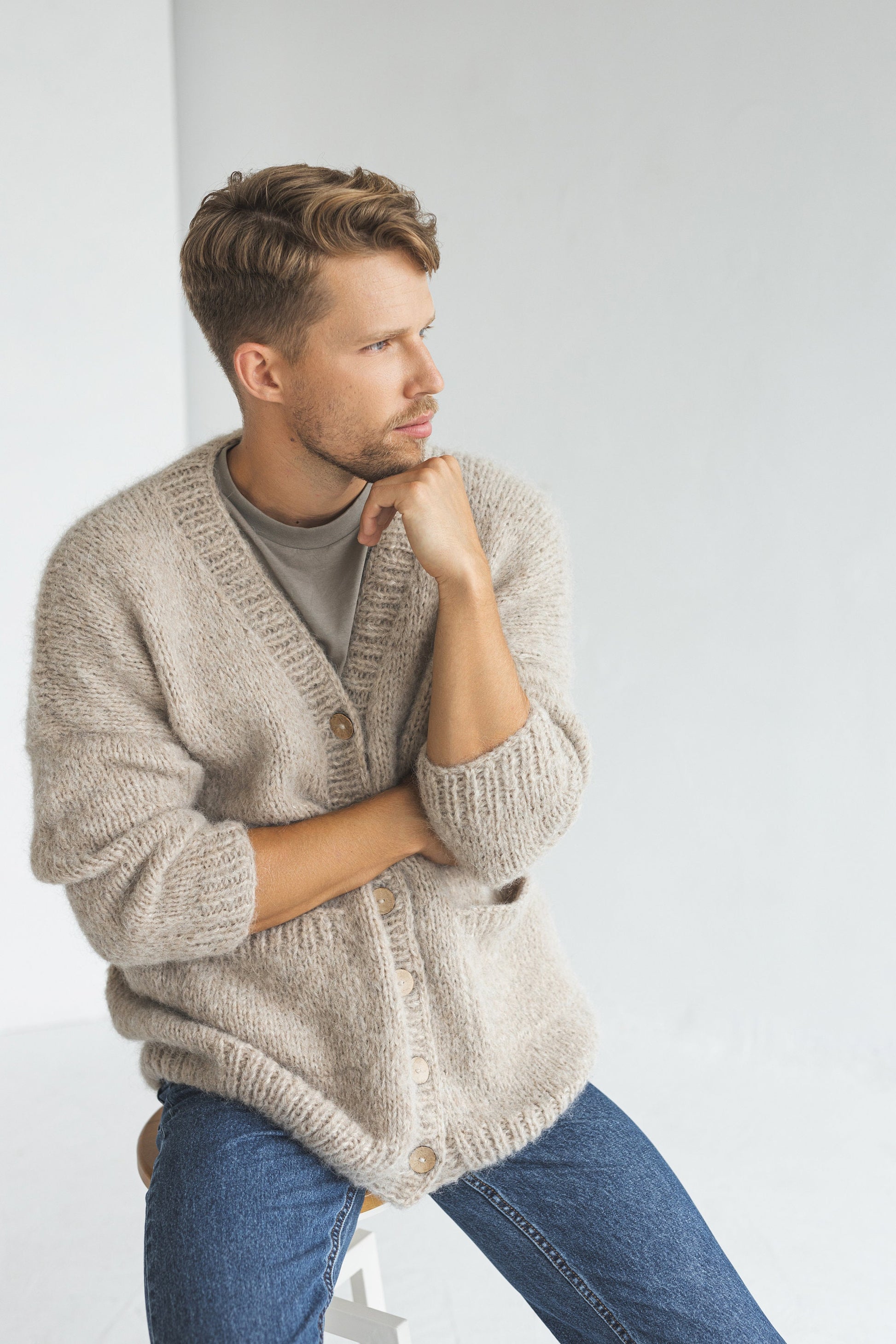 Mens knitted beige alpaca wool cardigan, pastel knit Scandinavian style sweater for man, minimalist jacket with buttons and pockets for men