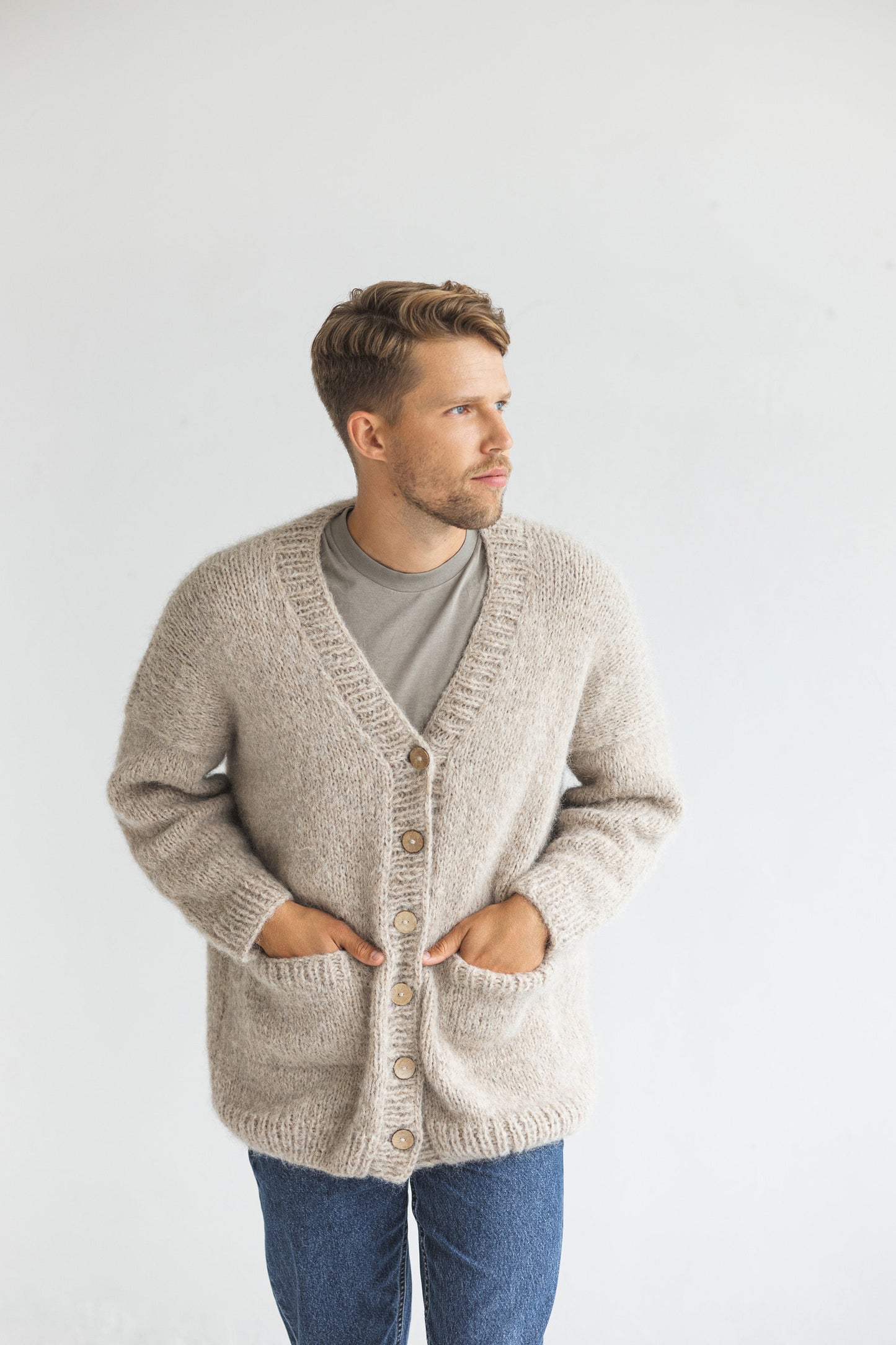 Mens knitted beige alpaca wool cardigan, pastel knit Scandinavian style sweater for man, minimalist jacket with buttons and pockets for men