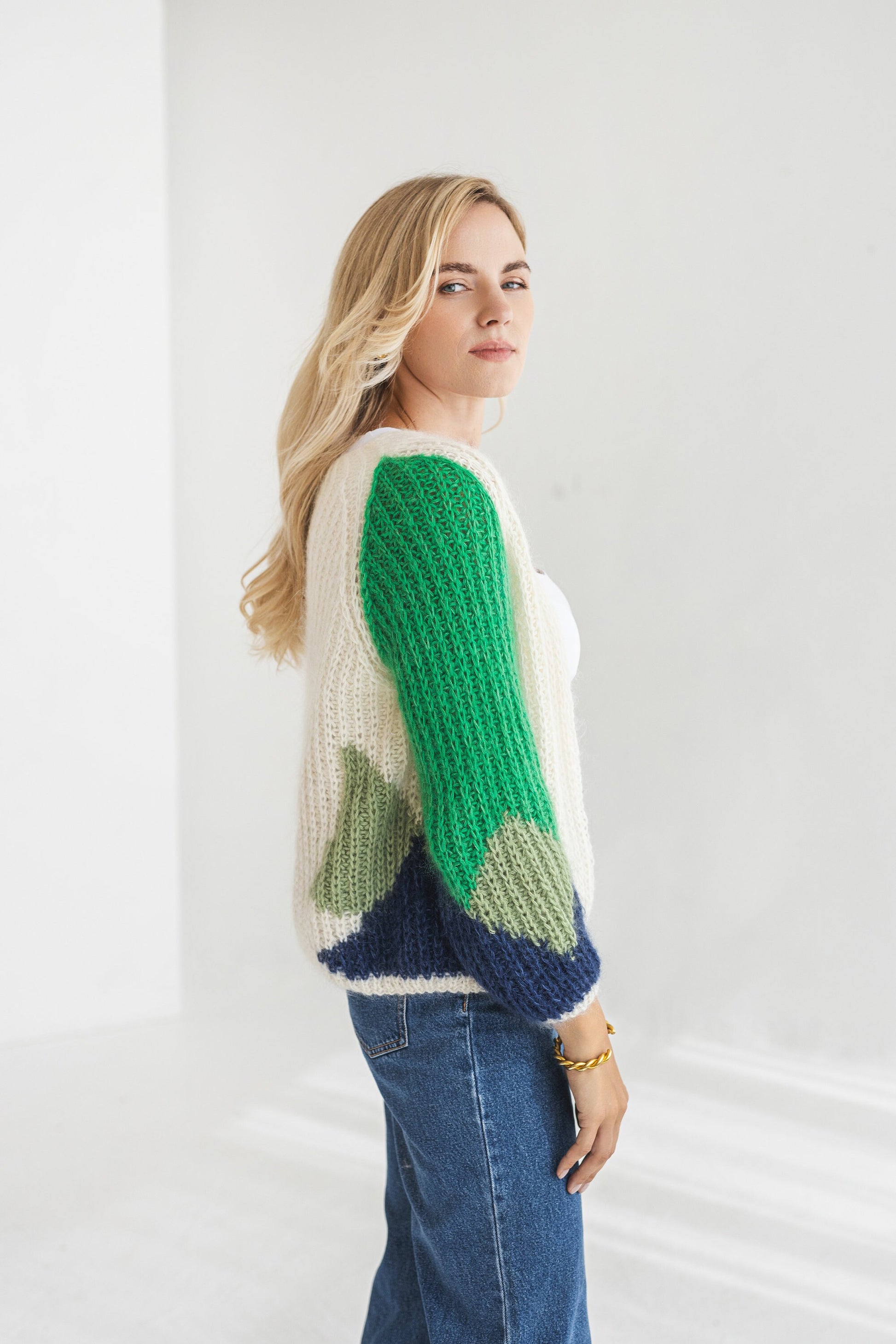 White mohair cardigan, cable knit alpaca wool blend sweater, oversized purple coloured fluffy bomber, green multicolor fuzzy chunky knitted