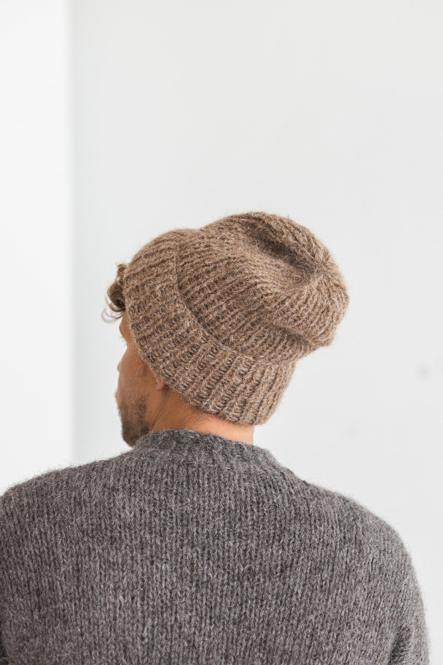 Brown ribbed handmade alpaca beanie, beige men&#39;s knitted hat, camel winter cable knit beanie, fisherman wool cap, gift for men, unisex skull