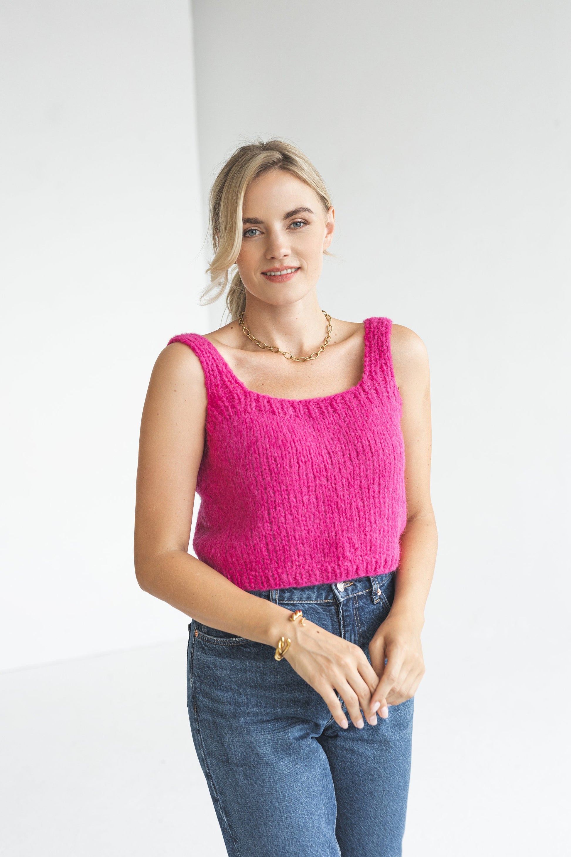 Matching cerise pink cable knit cropped tank top and cardigan set, magenta sleeveless chunky knitted summer blouse and sweater set for women