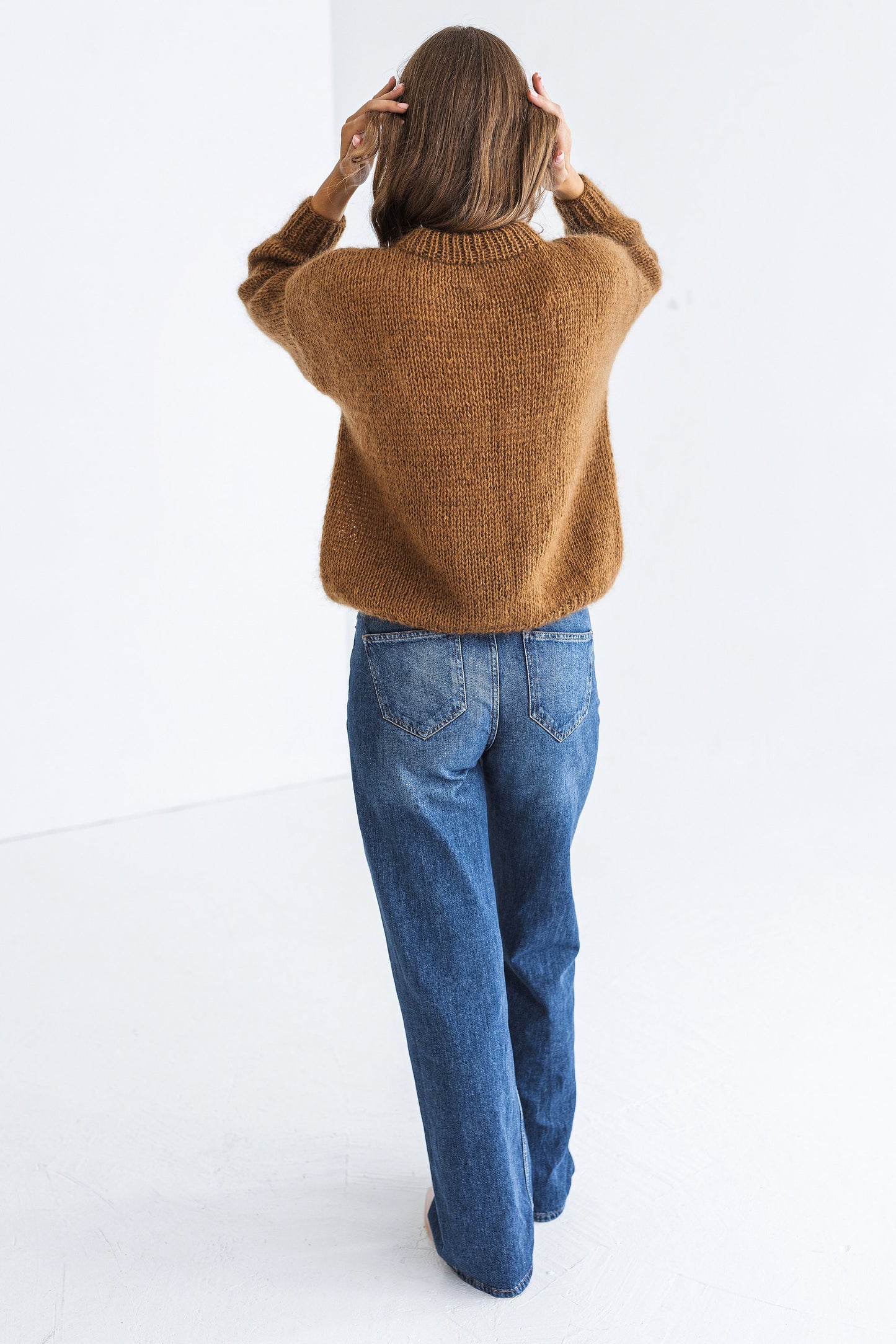 Camel brown mohair knitted fluffy sweater, taupe alpaca wool blend jumper, caramel fuzzy cable knit pullover, slightly oversized thick pull