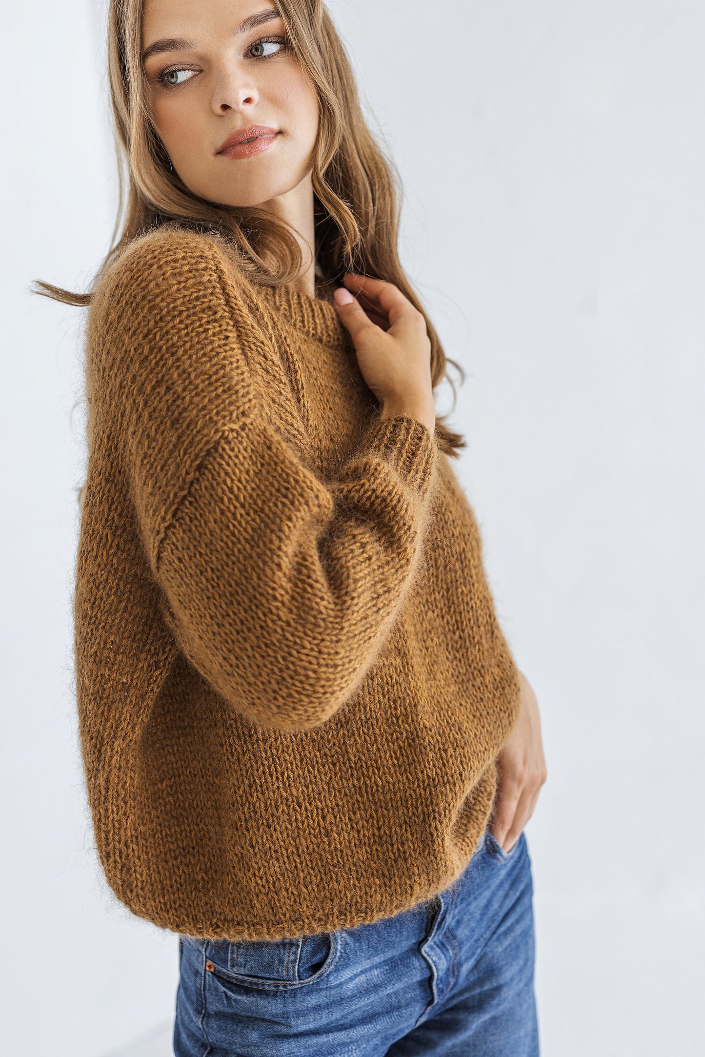 Camel brown mohair knitted fluffy sweater, taupe alpaca wool blend jumper, caramel fuzzy cable knit pullover, slightly oversized thick pull