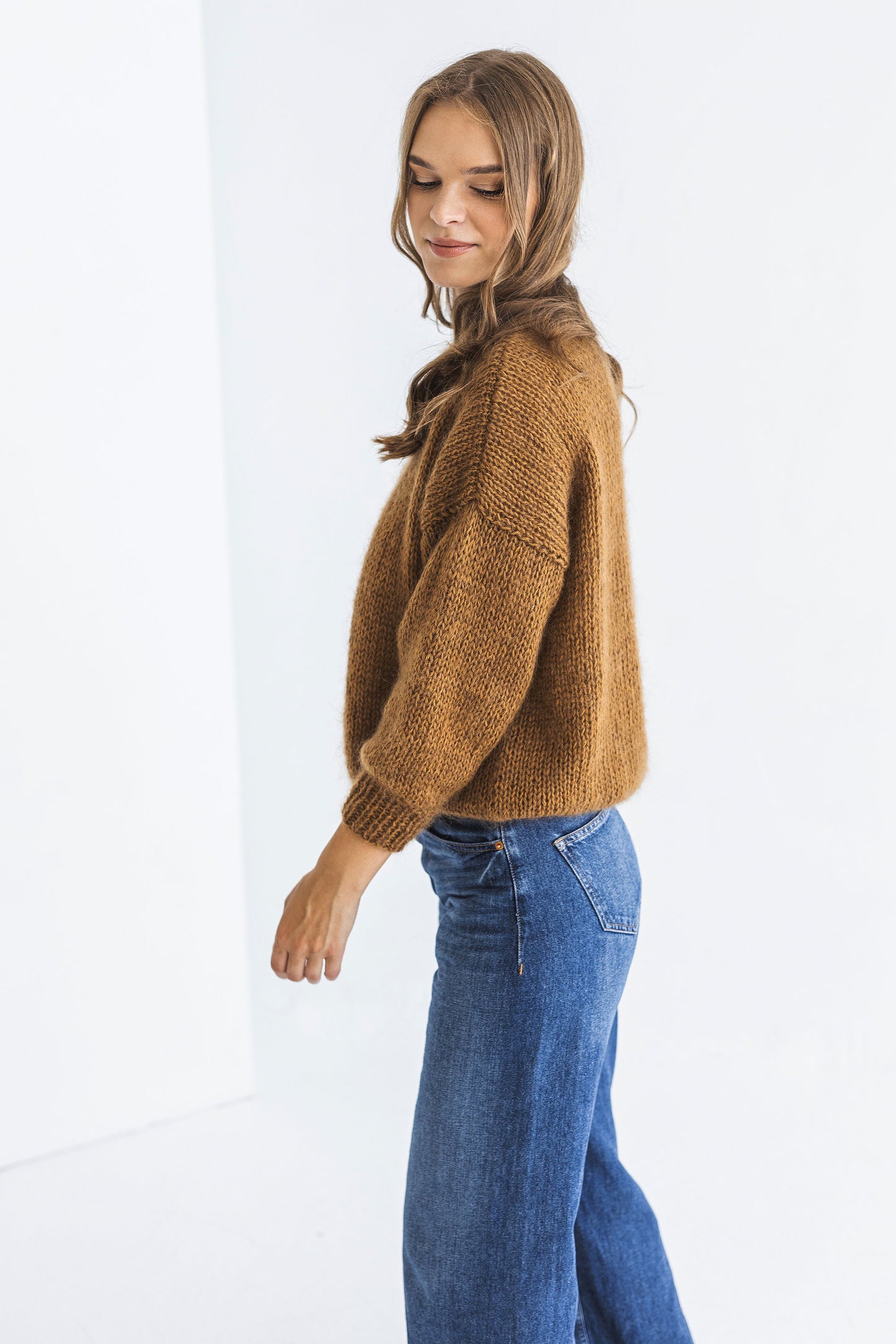 Camel brown mohair knitted fluffy sweater, taupe alpaca wool blend jumper, caramel fuzzy cable knit pullover, slightly oversized thick pull