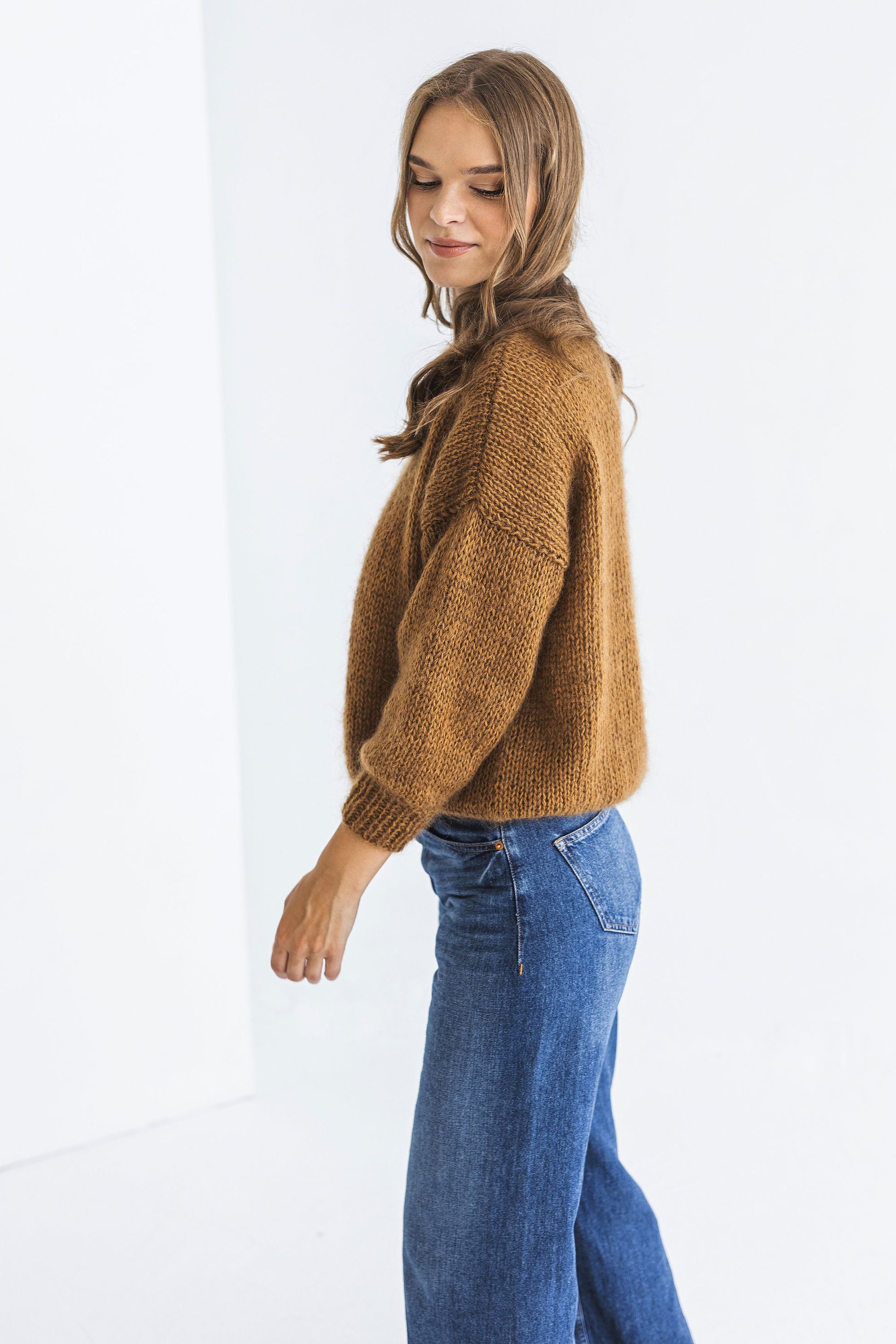 Camel brown mohair knitted fluffy sweater, taupe alpaca wool blend jumper, caramel fuzzy cable knit pullover, slightly oversized thick pull