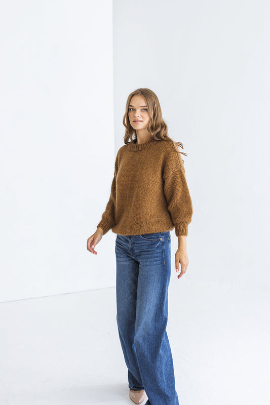 Camel brown mohair knitted fluffy sweater, taupe alpaca wool blend jumper, caramel fuzzy cable knit pullover, slightly oversized thick pull