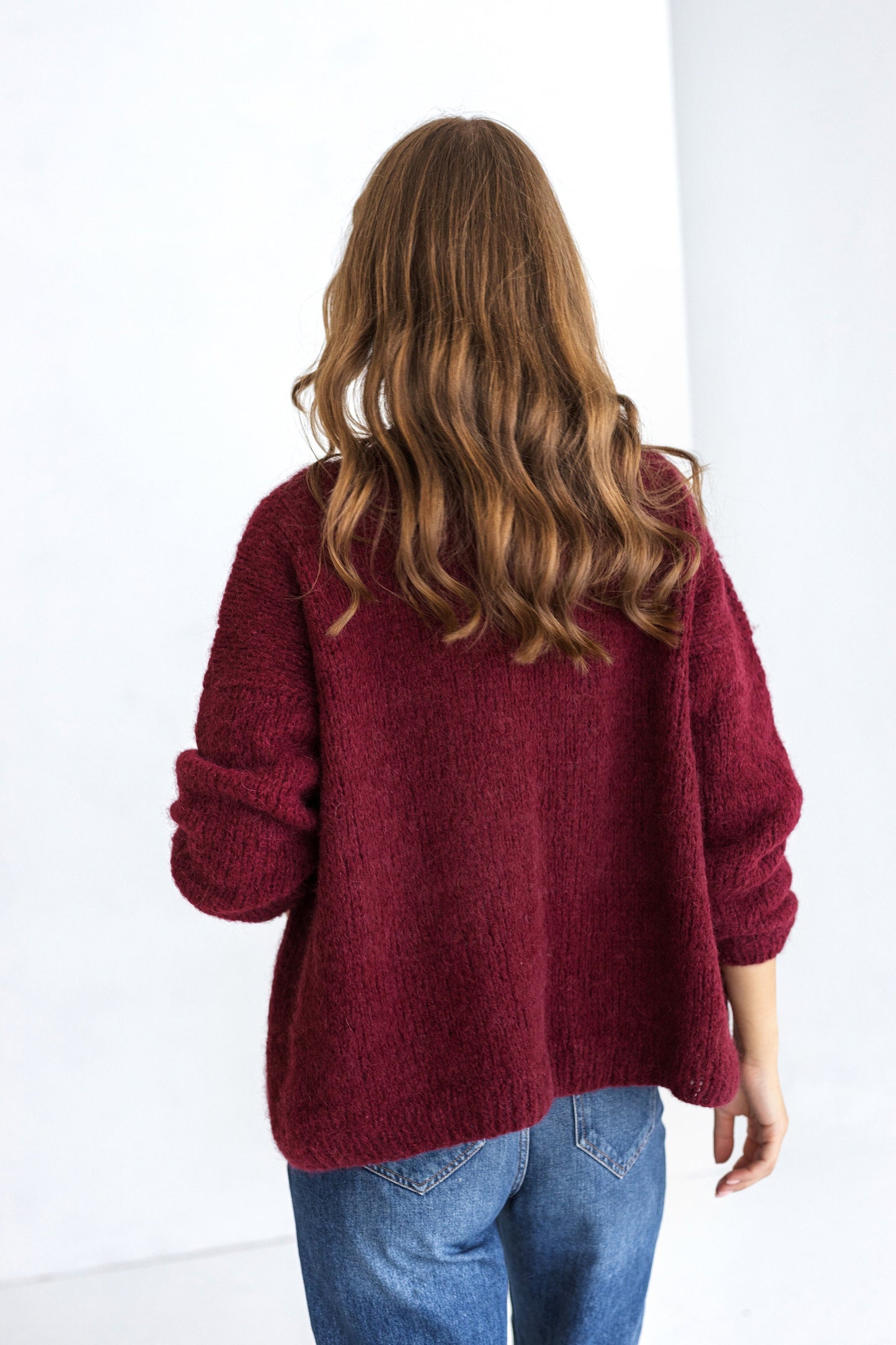 Bordeaux Alpaca Wool Cardigan With Buttons, Burgundy Red Cable Knit Lightweight Sweater, Slightly Oversized Minimalist Classy Women Gilet