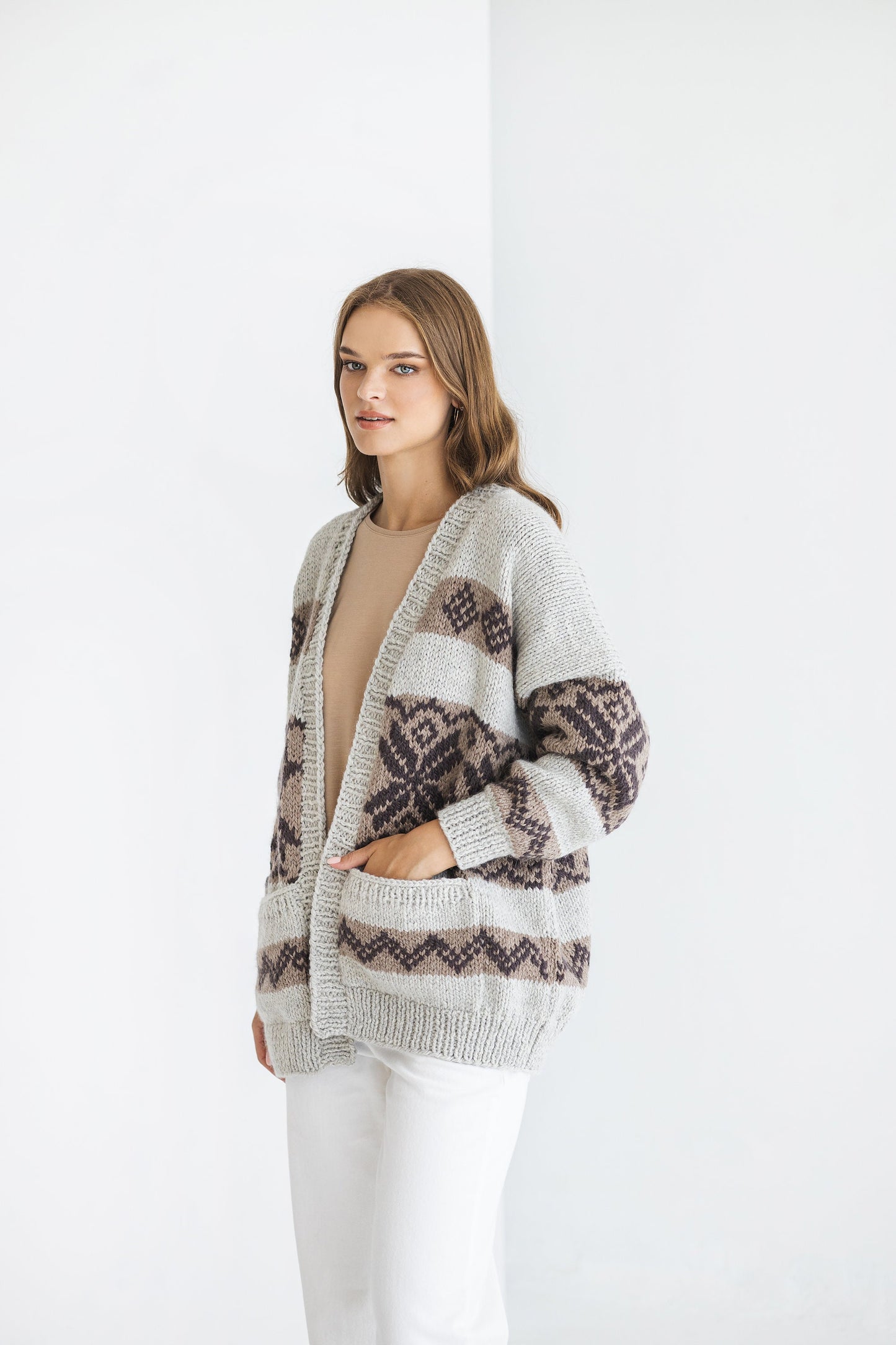 Norwegian Oversized Alpaca Cardigan With Pockets, Nordic Super Chunky Cable Knit Cardigan, Icelandic Women Sweater, Fair Isle, Scandinavian