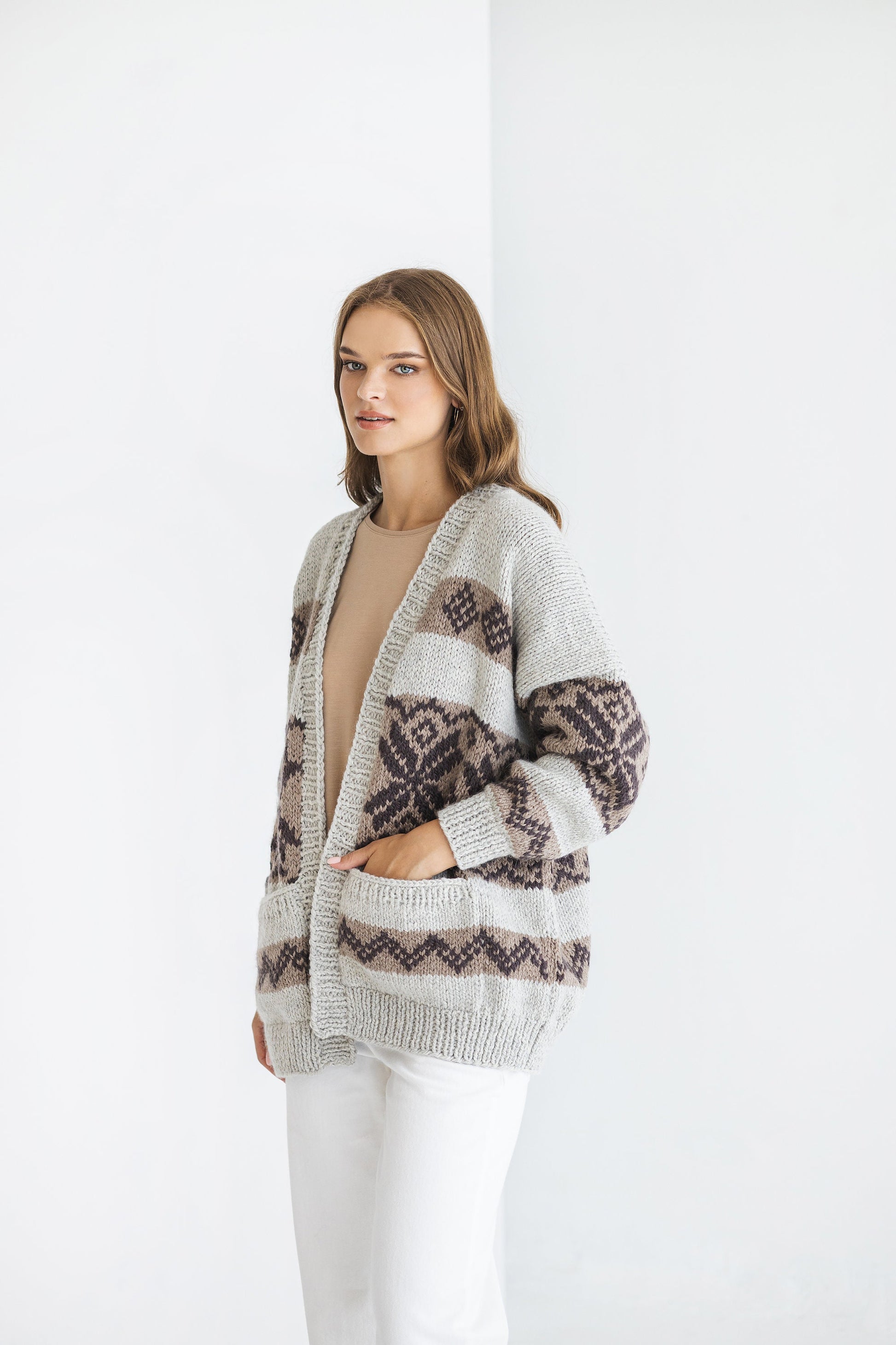 Norwegian Oversized Alpaca Cardigan With Pockets, Nordic Super Chunky Cable Knit Cardigan, Icelandic Women Sweater, Fair Isle, Scandinavian