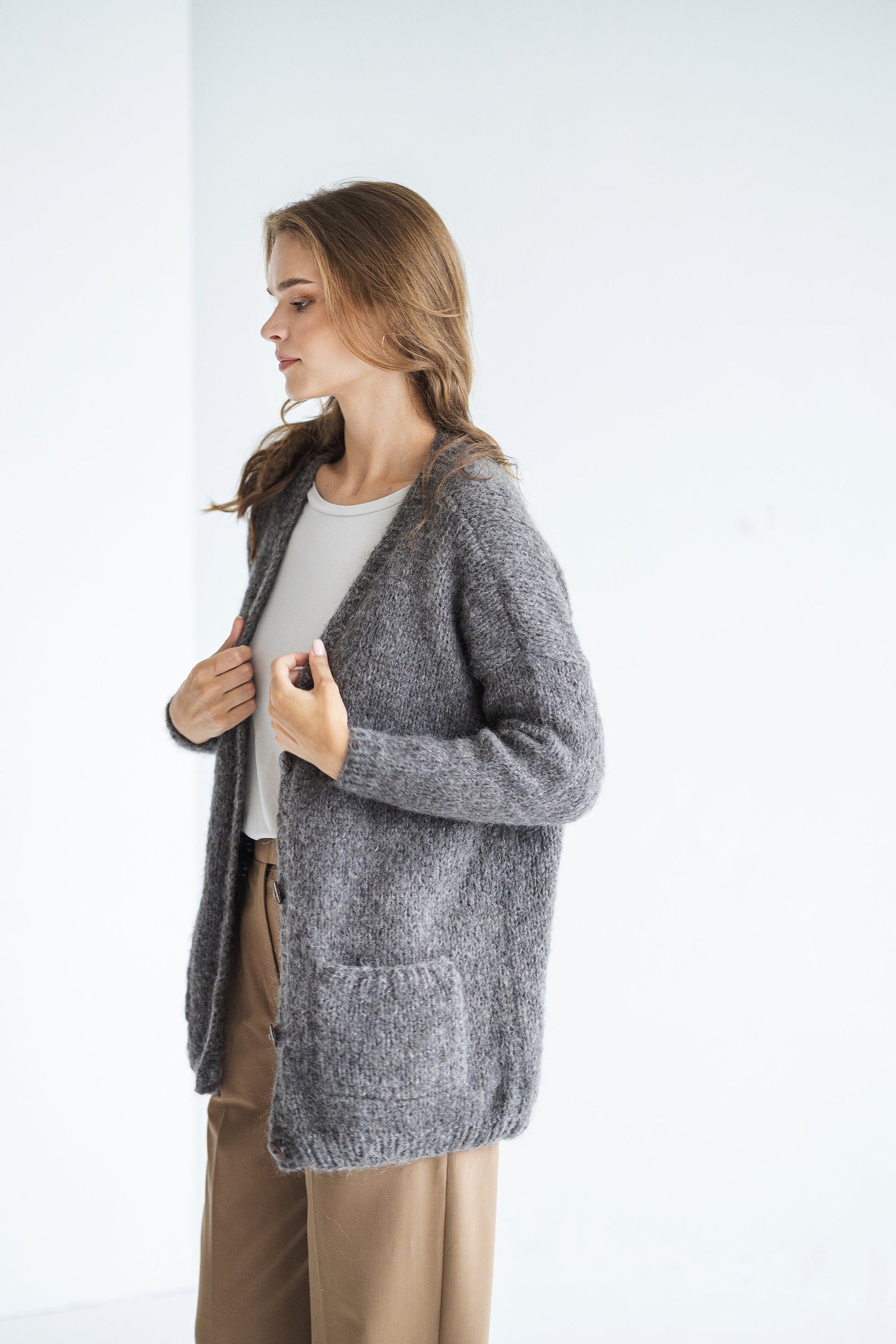 Gray Alpaca Cardigan With Pockets And Buttons, Grey Thick Cable Knit Buttoned Cardigan, Chunky Knit, Alpaca Wool V Neck Sweater Strickjacke