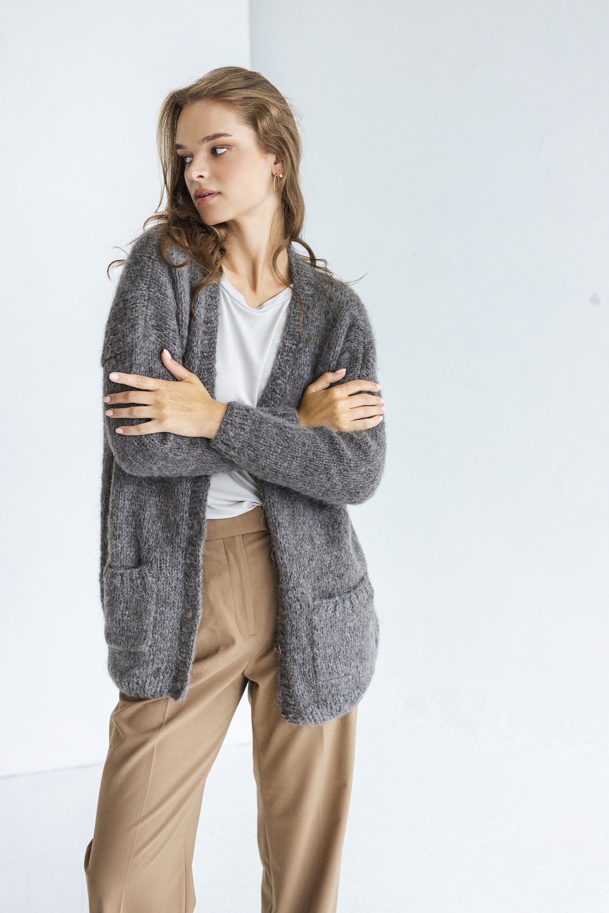 Gray Alpaca Cardigan With Pockets And Buttons, Grey Thick Cable Knit Buttoned Cardigan, Chunky Knit, Alpaca Wool V Neck Sweater Strickjacke