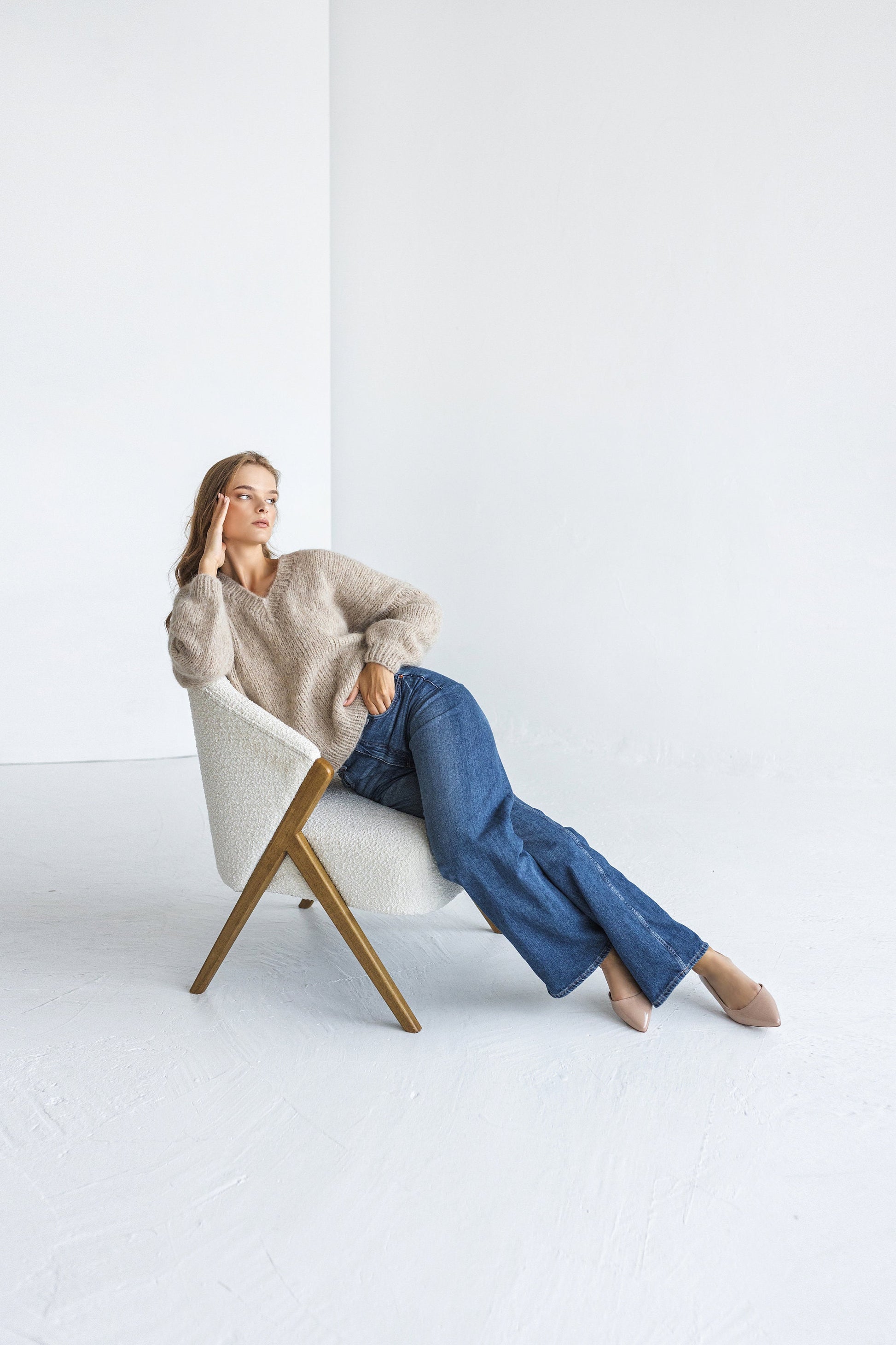 Beige cable knit alpaca sweater, camel chunky knitted V neck wool pullover, taupe thick oversized jumper, nude pastel handmade pull, gift