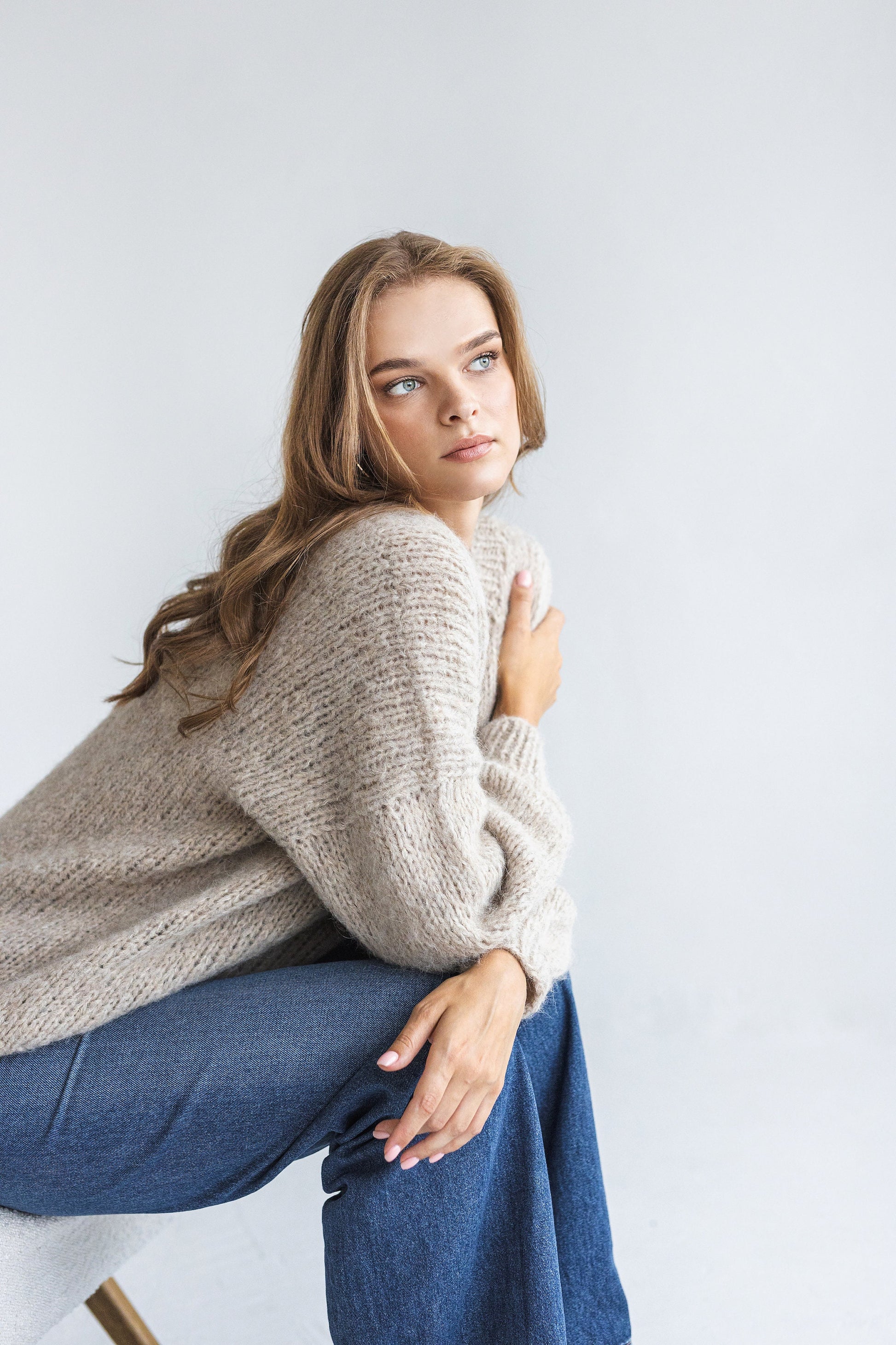 Beige cable knit alpaca sweater, camel chunky knitted V neck wool pullover, taupe thick oversized jumper, nude pastel handmade pull, gift