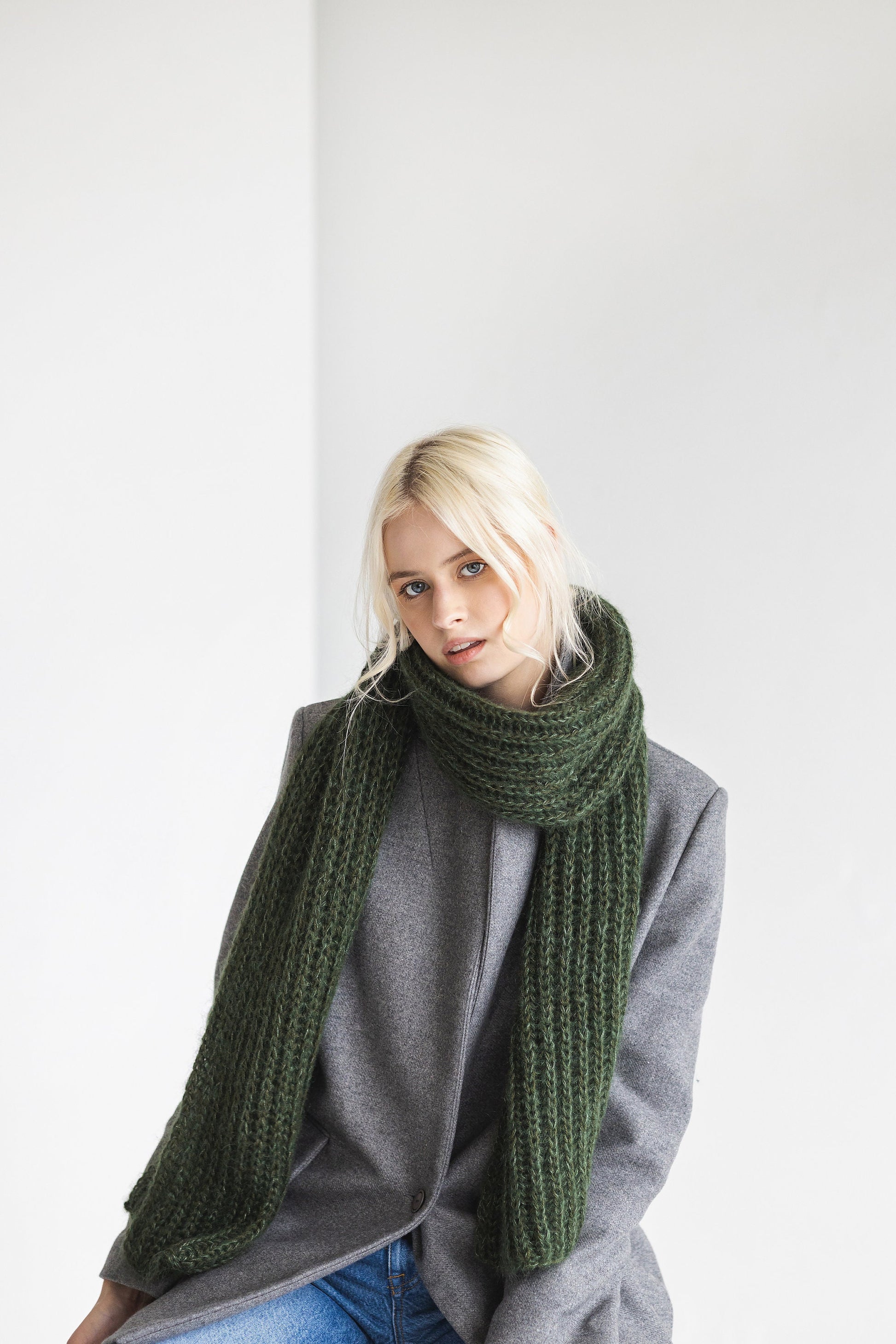 Green cable knit mohair scarf, long hooded oversized alpaca wool scarf, fuzzy infinity women&#39;s scarves, fluffy winter knitted shawl, blanket