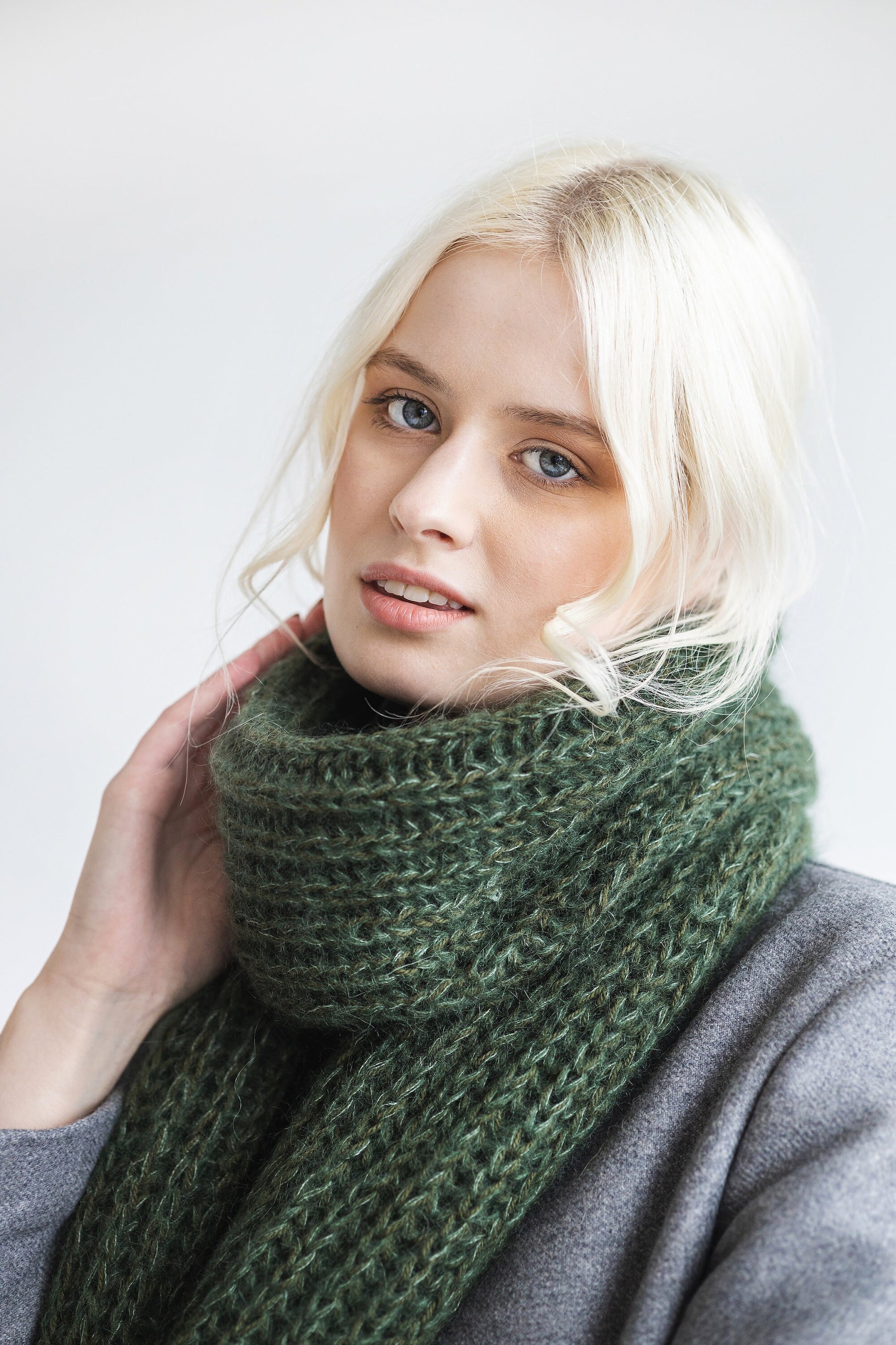Green cable knit mohair scarf, long hooded oversized alpaca wool scarf, fuzzy infinity women's scarves, fluffy winter knitted shawl, blanket