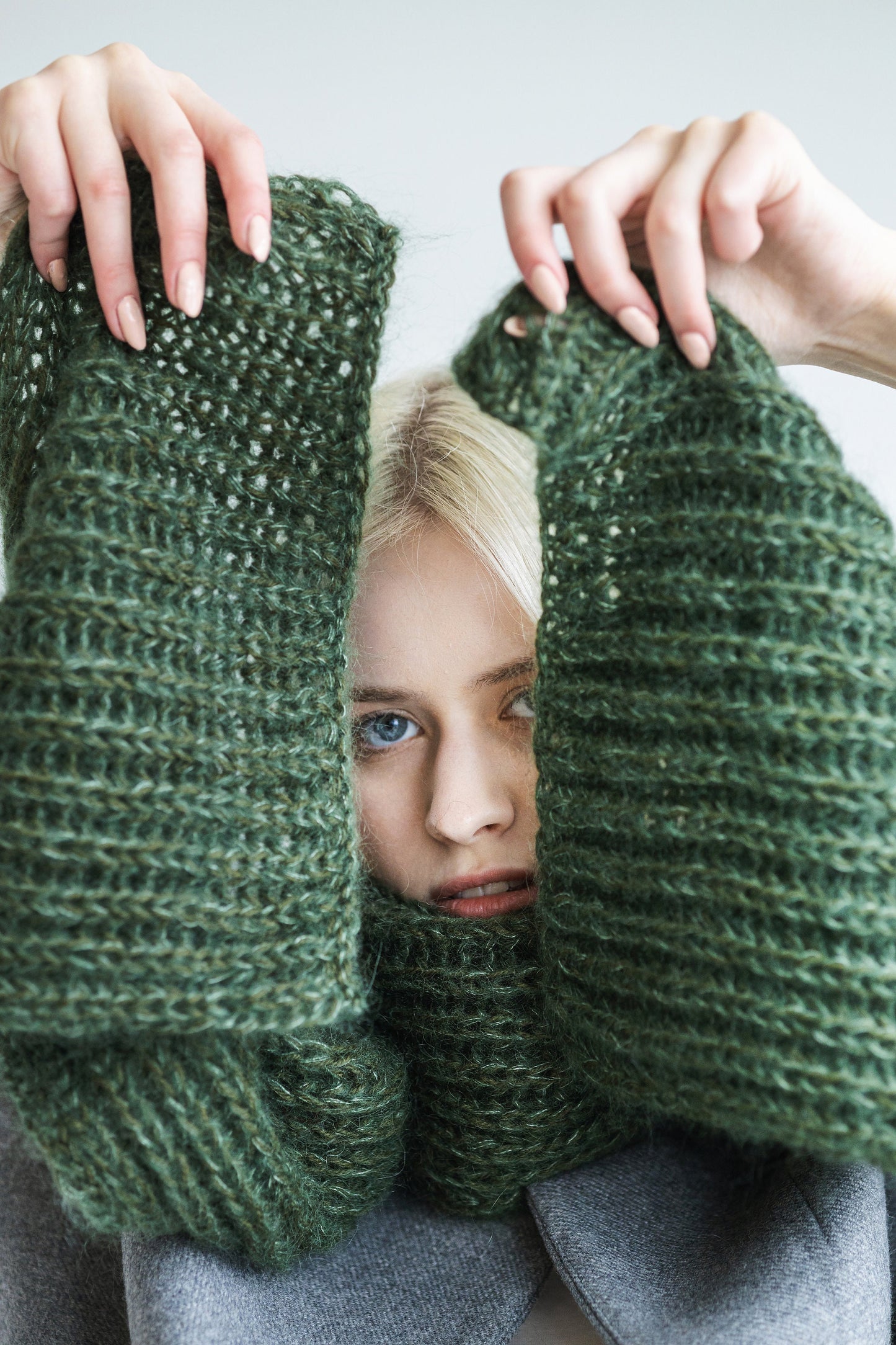 Green cable knit mohair scarf, long hooded oversized alpaca wool scarf, fuzzy infinity women's scarves, fluffy winter knitted shawl, blanket