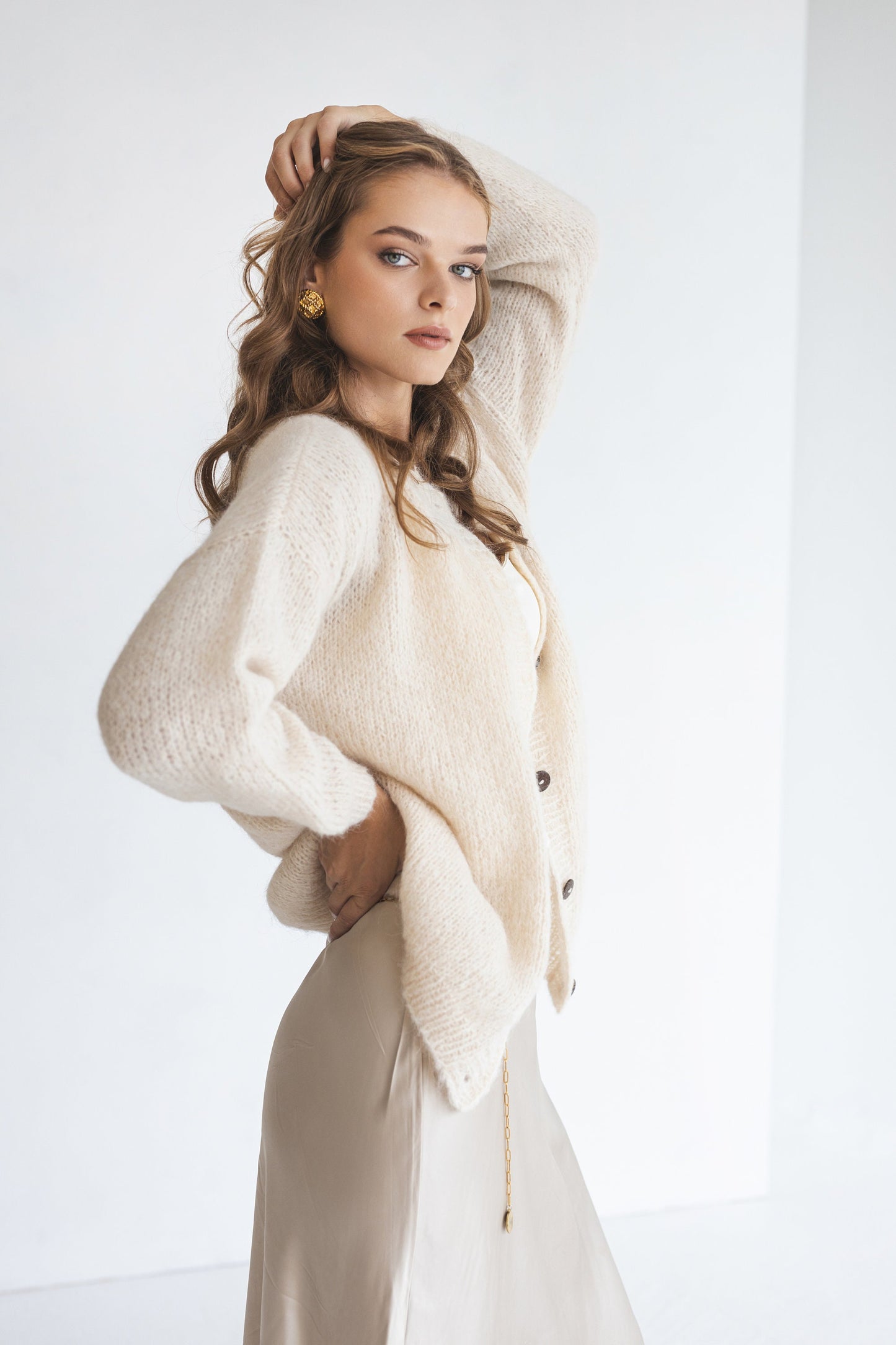 White Alpaca Wool Cardigan With Buttons, Cable Knit Lightweight Sweater, Slightly Oversized Minimalist Classy Women Gilet, Wedding Jacket