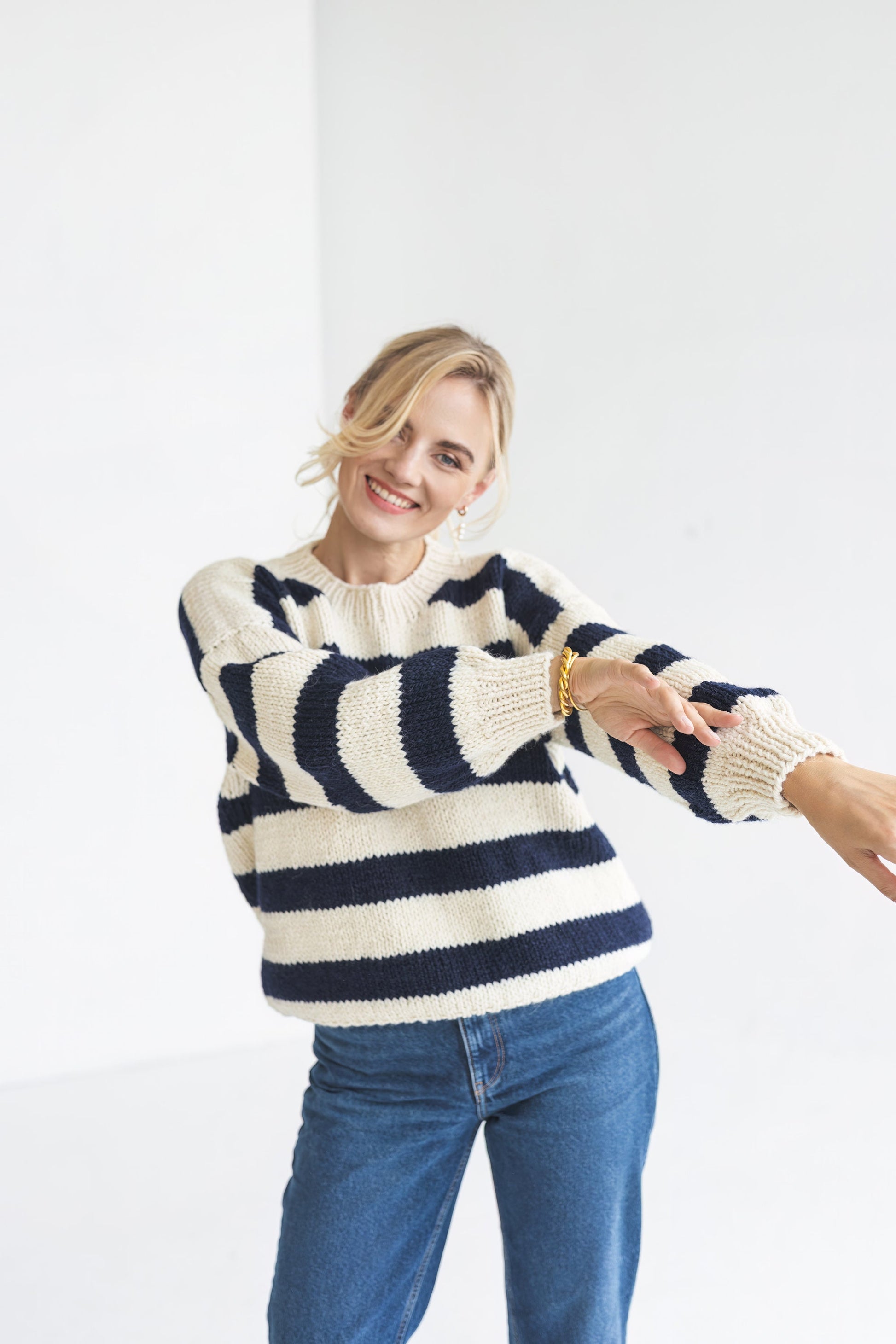 Striped white and blue alpaca wool sweater, super chunky knitted thick Scandinavian jumper, cable knit pullover with navy blue stripes, gift
