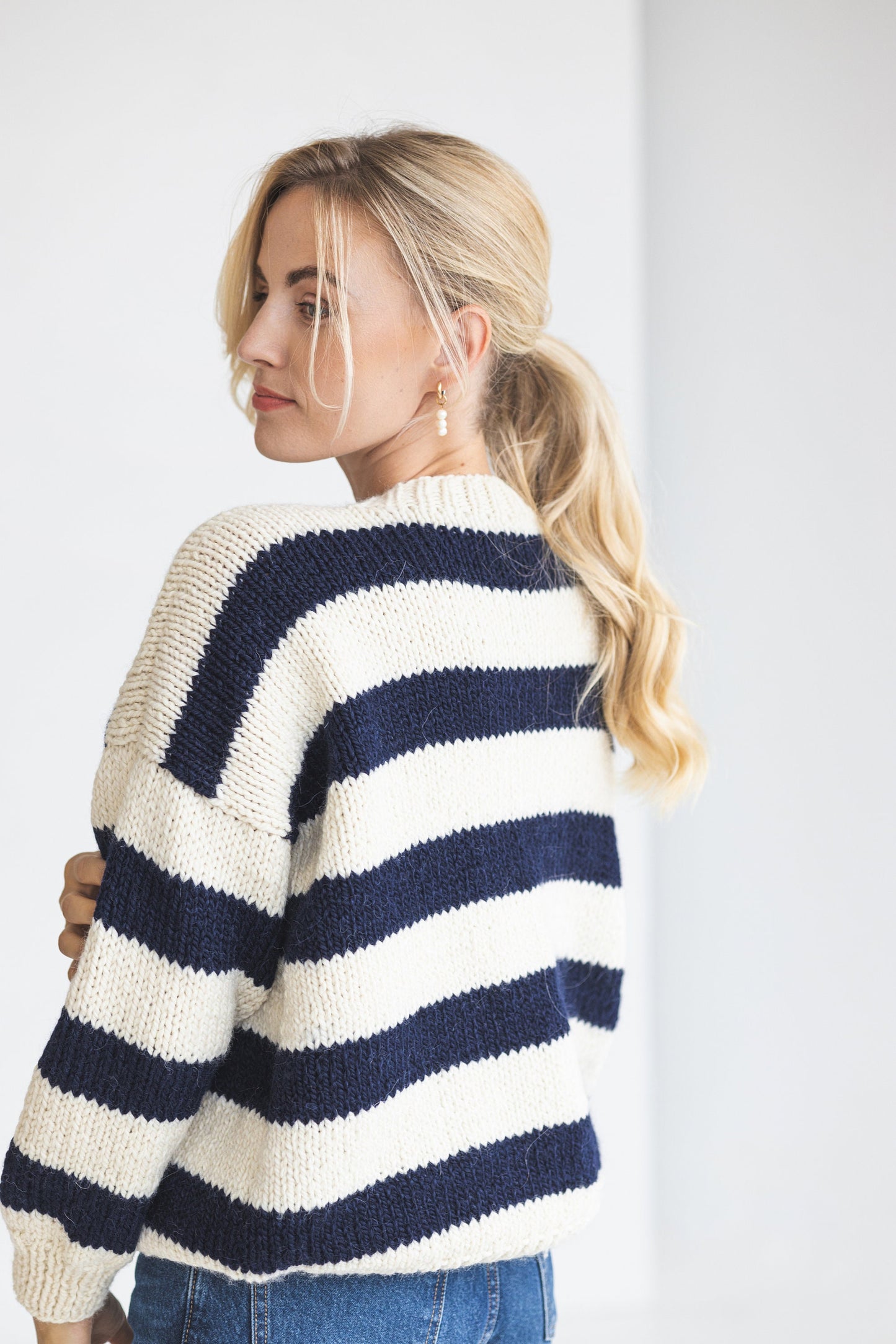 Striped white and blue alpaca wool sweater, super chunky knitted thick Scandinavian jumper, cable knit pullover with navy blue stripes, gift