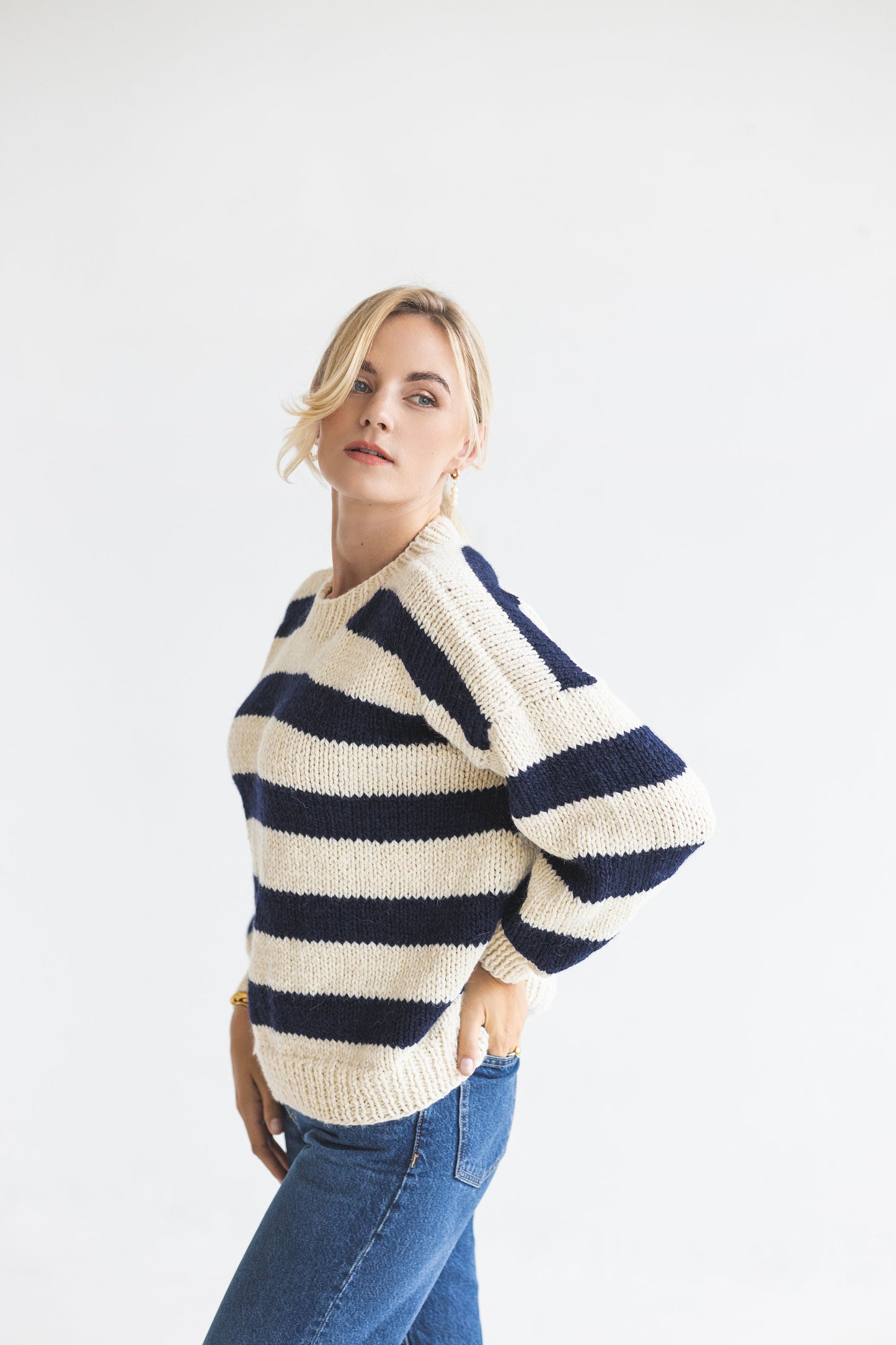 Striped white and blue alpaca wool sweater, super chunky knitted thick Scandinavian jumper, cable knit pullover with navy blue stripes, gift