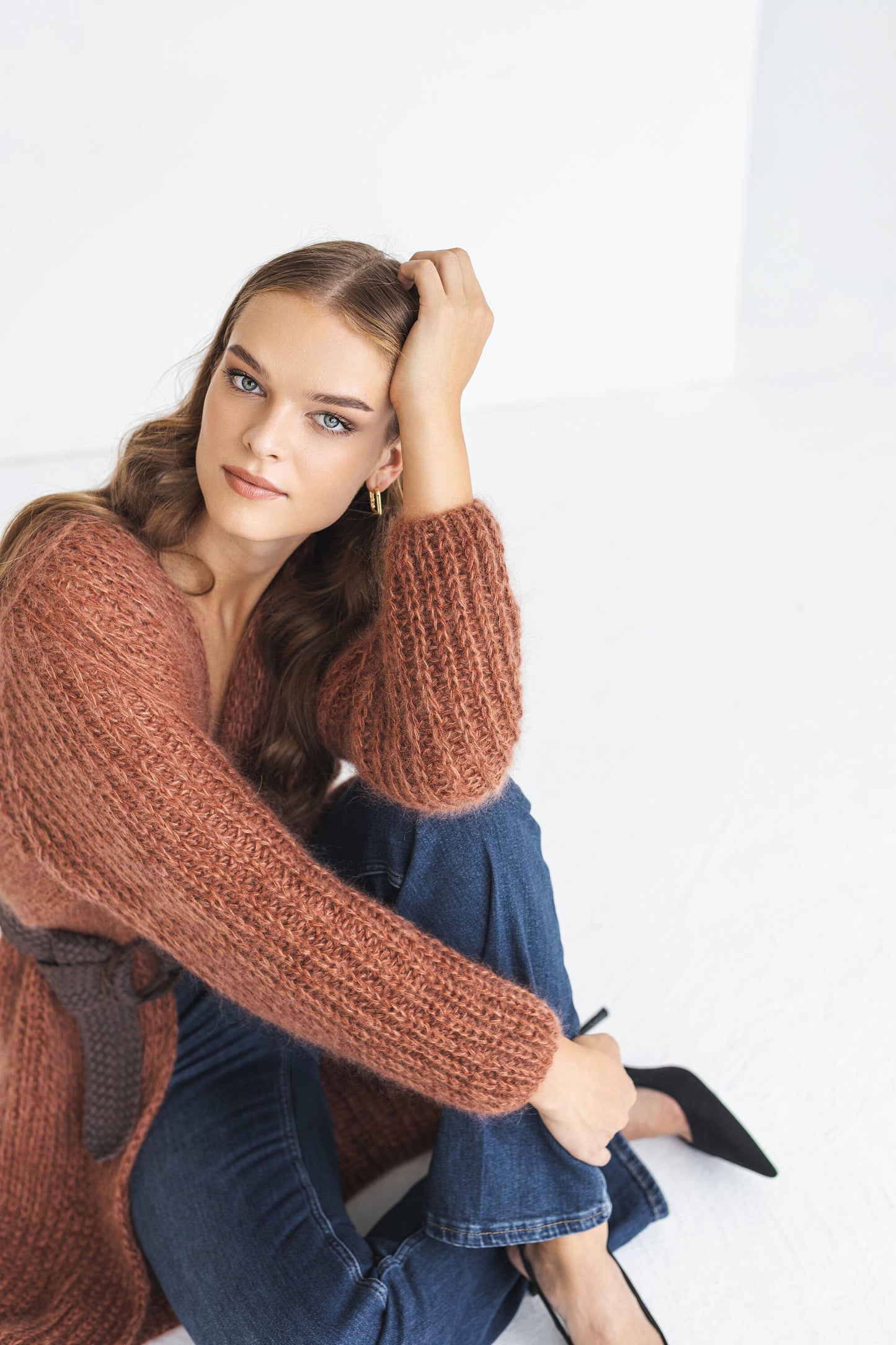 Long rust mohair cardigan