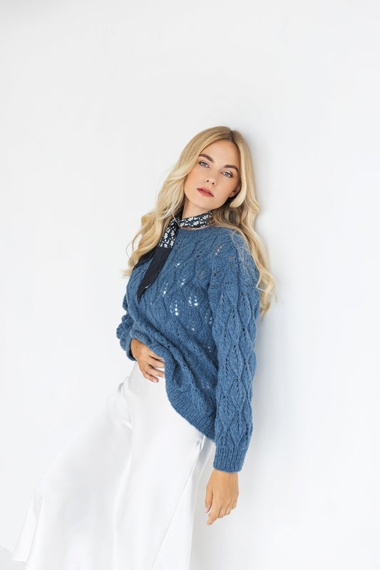 Blue see through alpaca sweater, cable knit minimalist women pullover, lightweight soft wool jumper, hand knitted boho pull, gift for woman