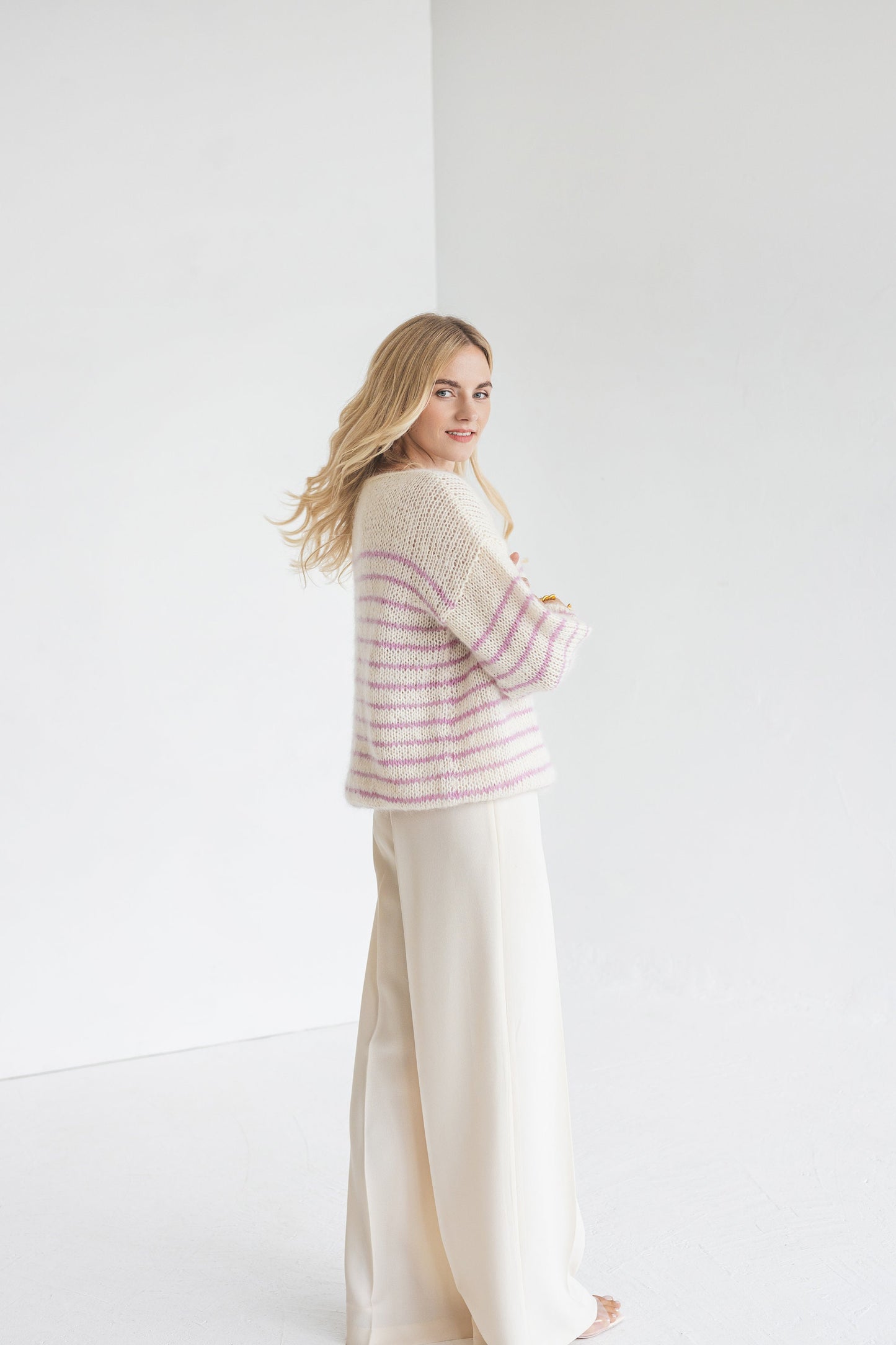 White and pink striped sweater