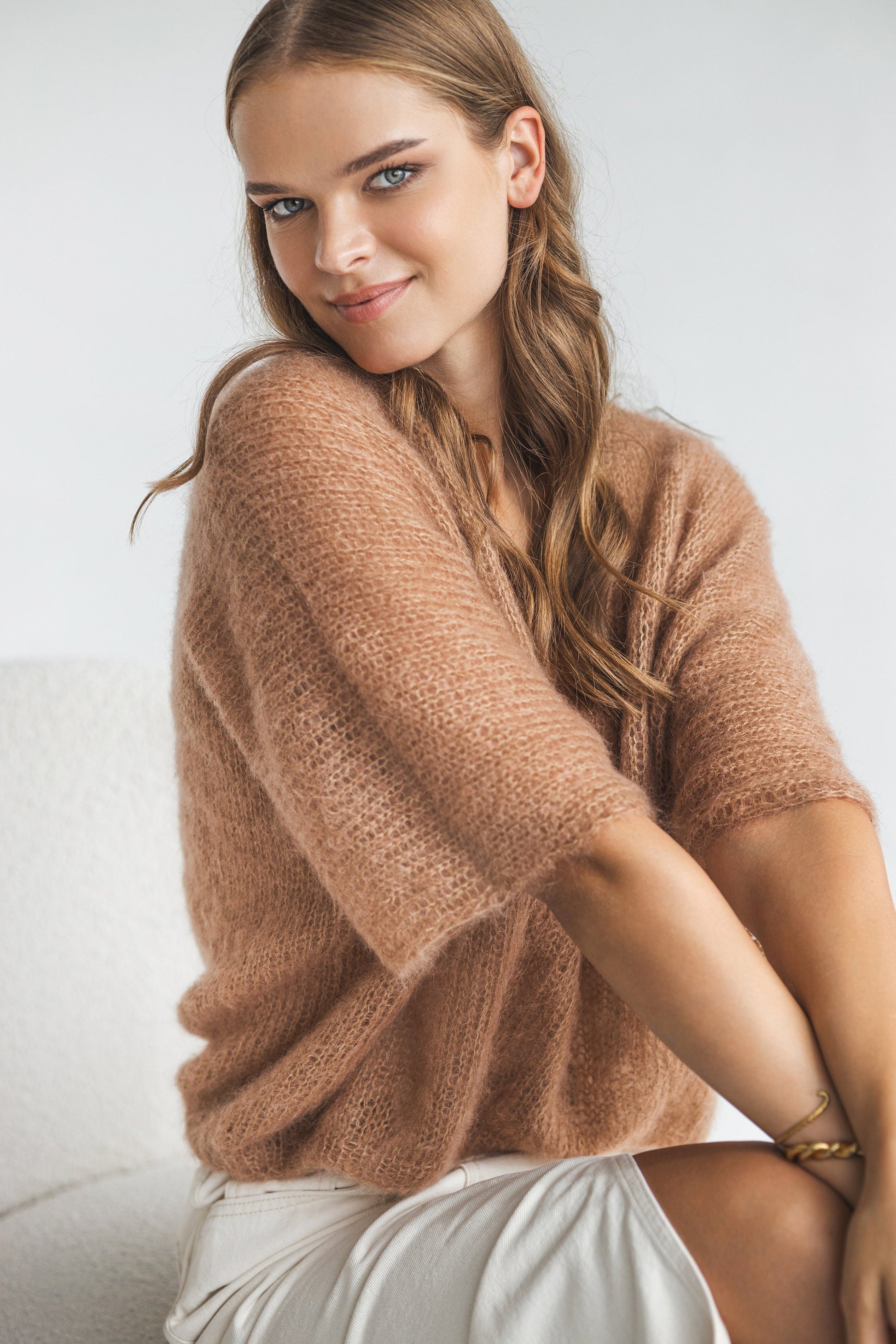 Camel brown knitted oversized mohair top, taupe almond cable knit women jumper, beige fluffy half sleeve sweater, sand lightweight blouse