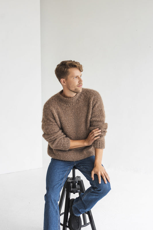 Men&#39;s knitted brown alpaca wool sweater, camel cable knit jumper for man, beige minimalist men pullover, gift for him, hand made winter pull
